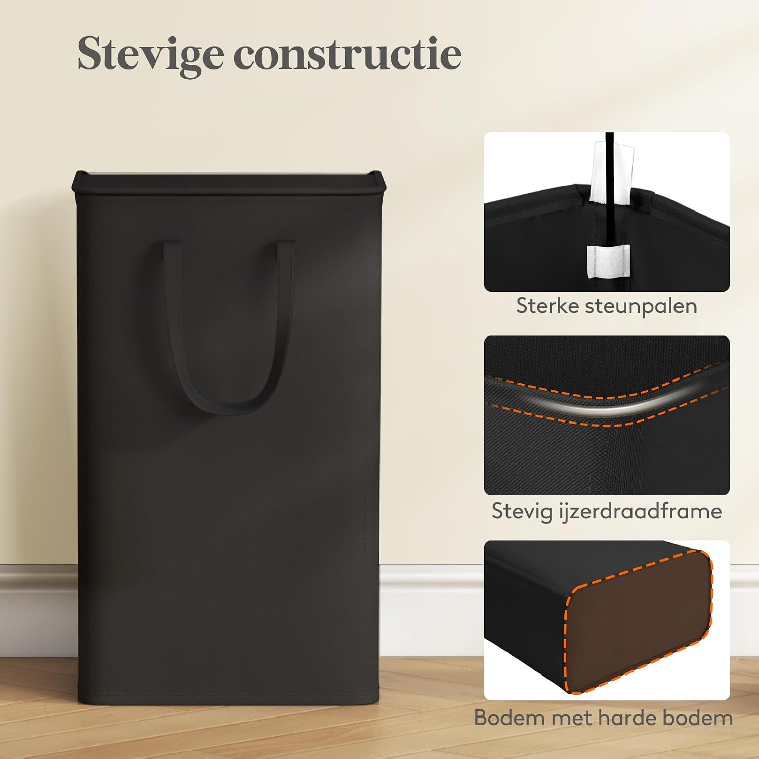 Detalle 2 de Lifewit 24017 smalle wasmand van 75 liter met deksel, opvouwbaar, zwart