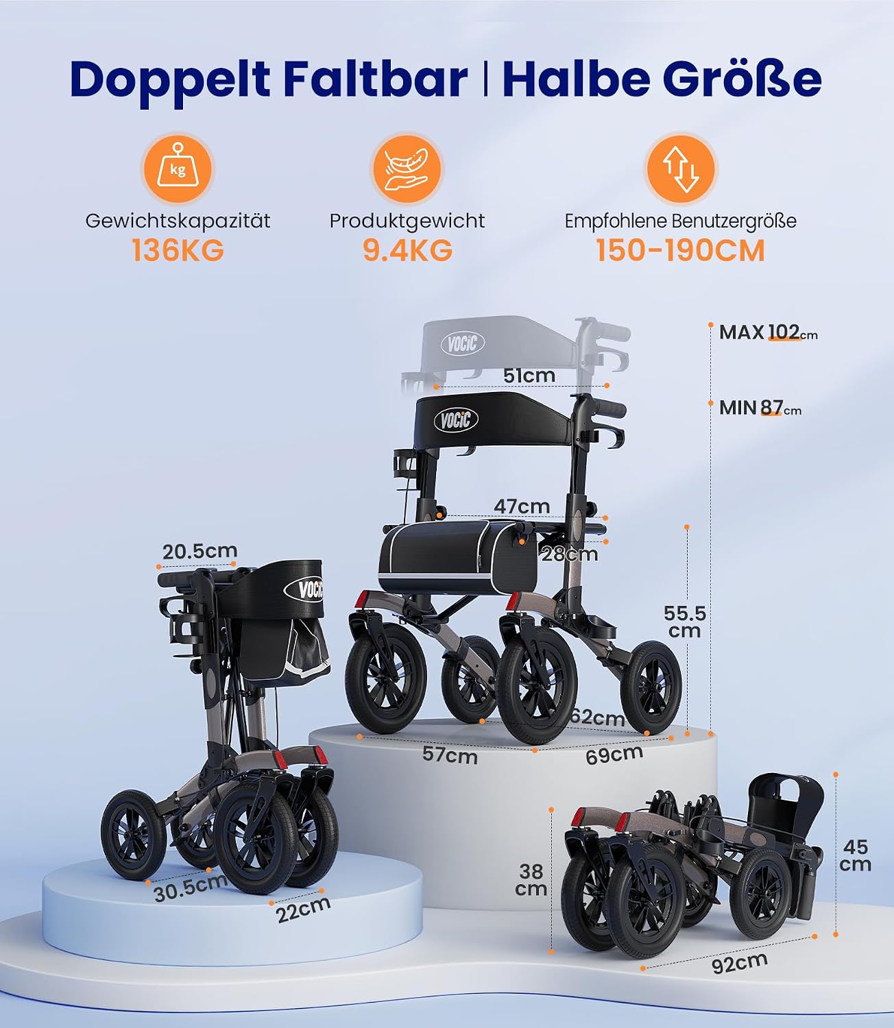 Detalle de VOCIC Rollator faltbar und leicht mit Sitz – Outdoor-Rollator mit nicht-pneumatischen Gummi-Reifen, grau