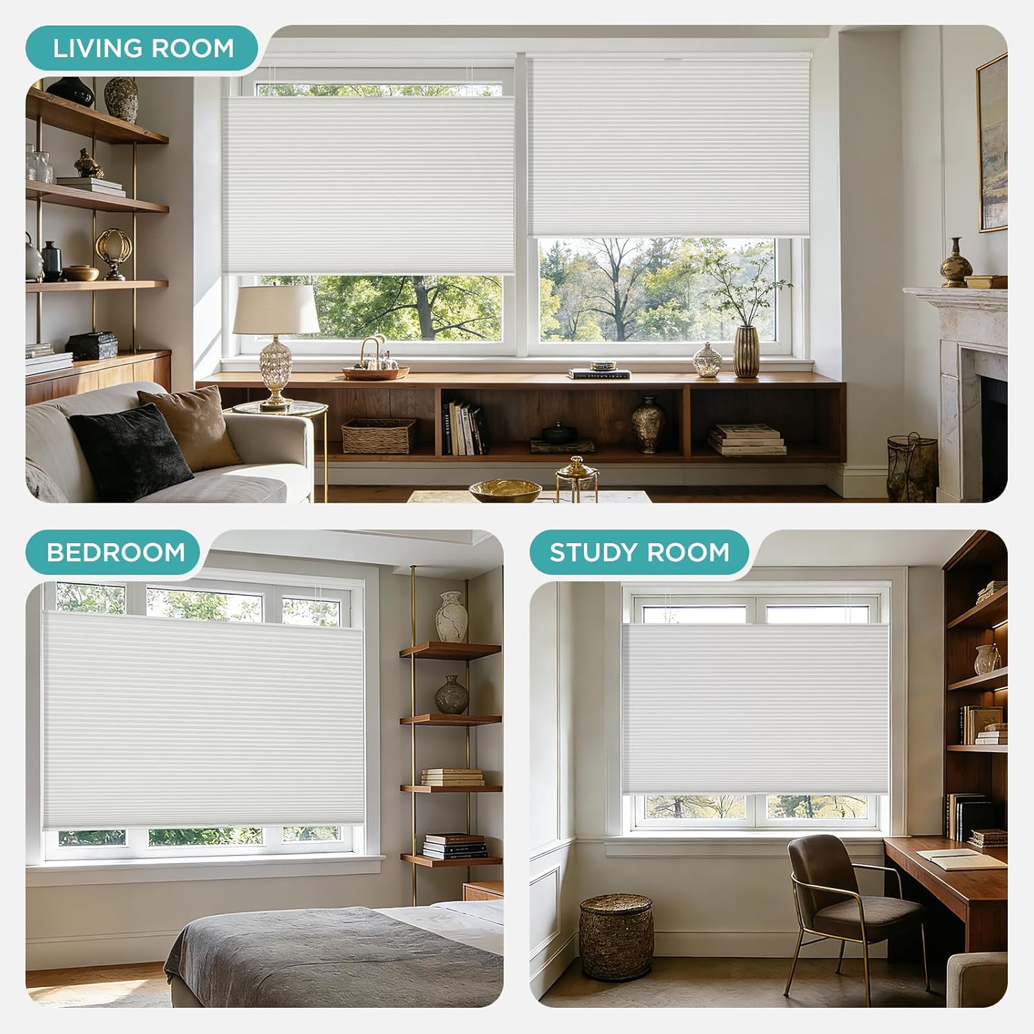 Detalle de Joydeco No Tools No Drill Cordless Top-Down Bottom-Up Cellular Blinds (White, 28" W x 64" H)