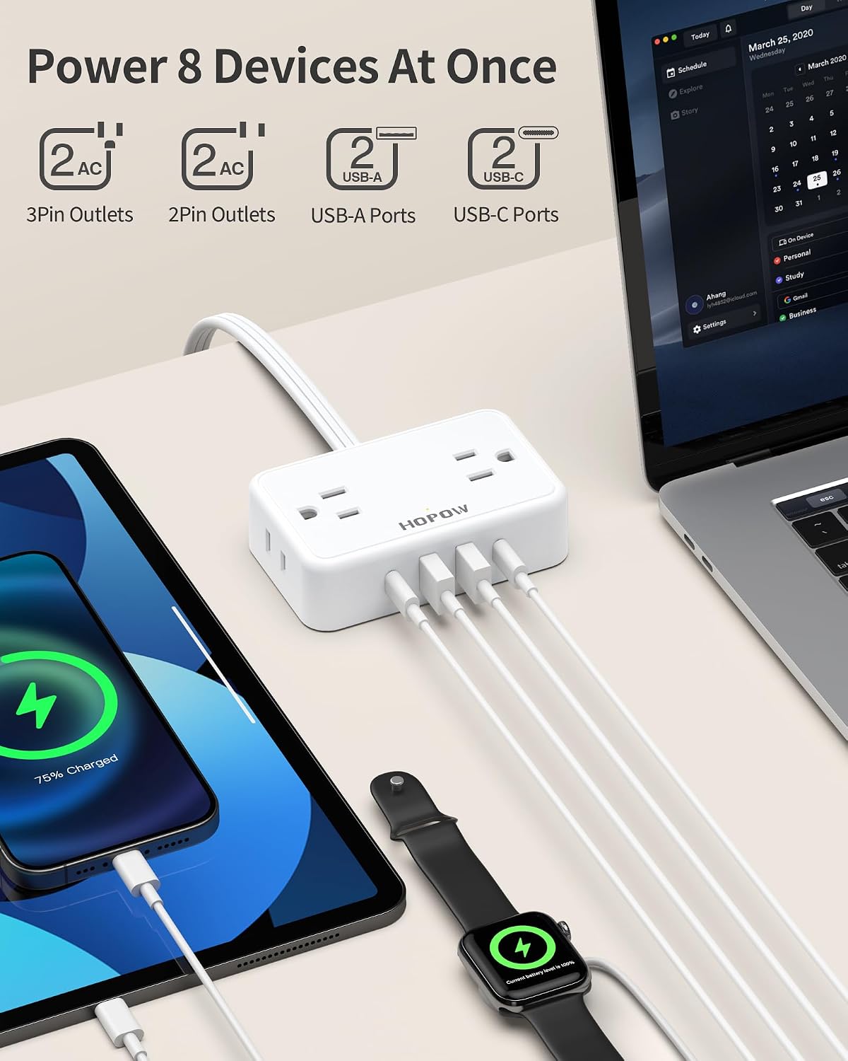 Detalle 2 de HOPOW QT460-CU Power Strip with Flat Plug, 6 ft Cord and 4 AC + 4 USB Ports