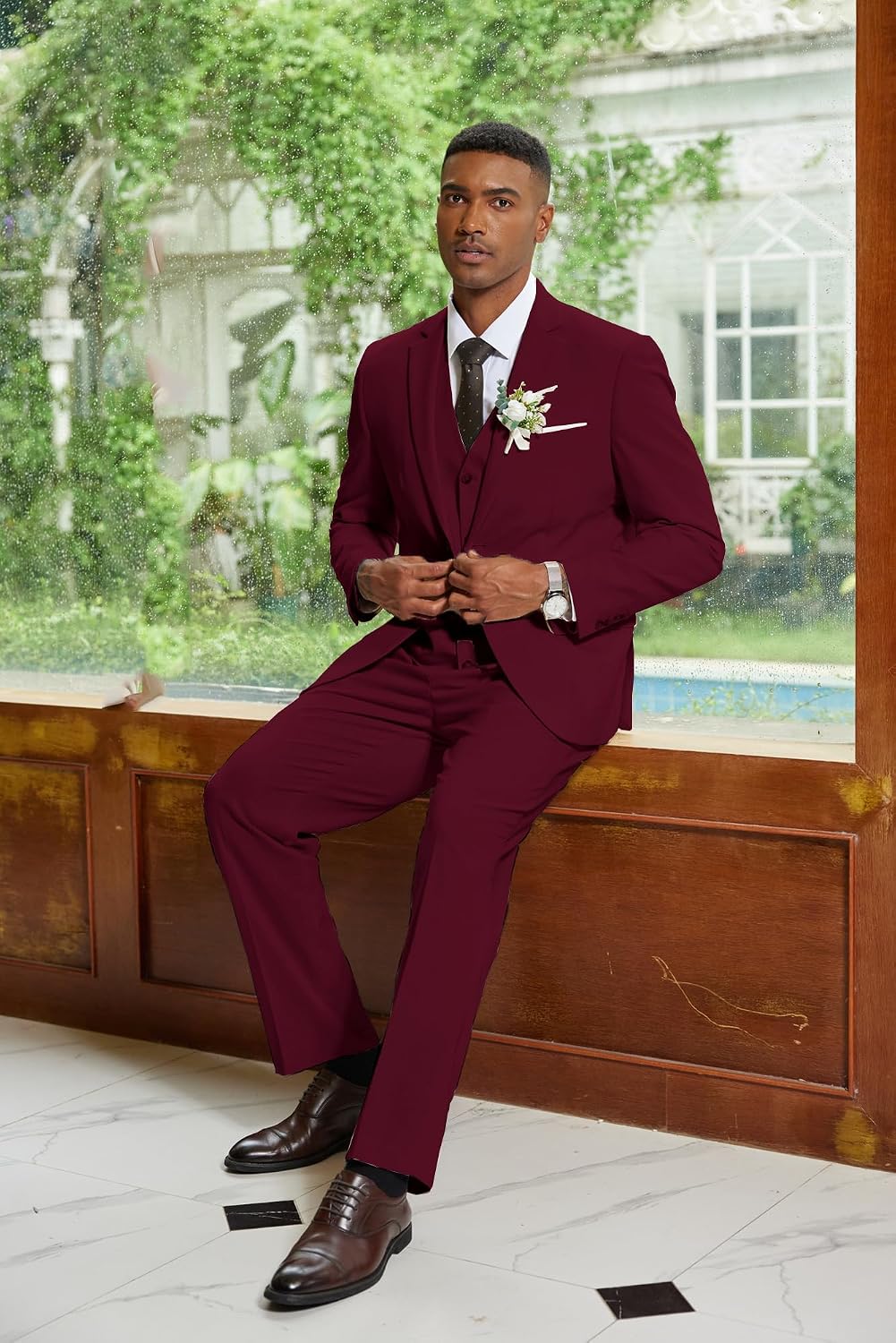 Detalle de COOFANDY Men's 3-Piece Cotton-Linen Suit with Blazer, Vest and Pants