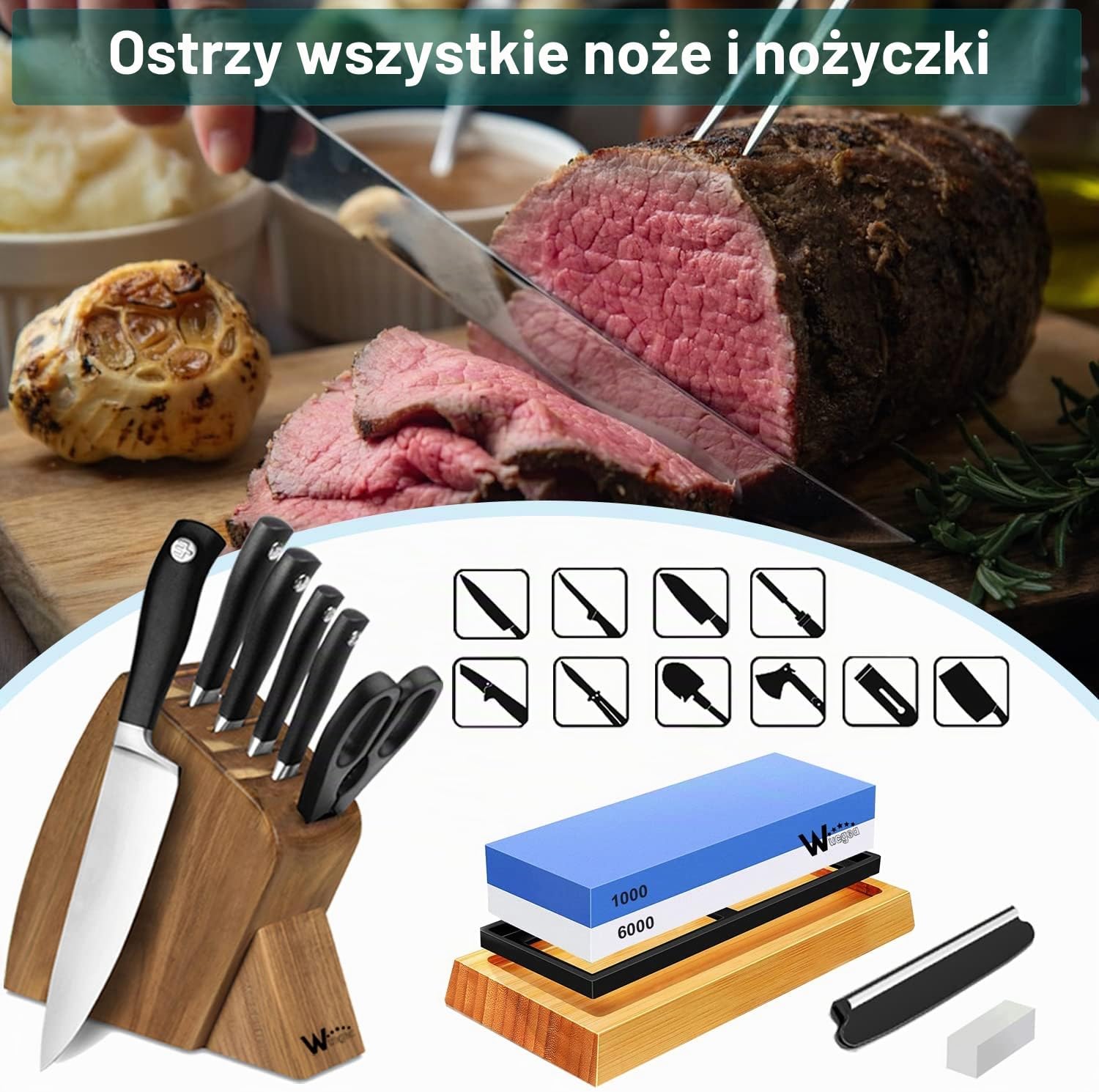 Detalle de wucgea 5 in 1 – osełka 1000/6000 z bambusową podstawą i prowadnicą kąta