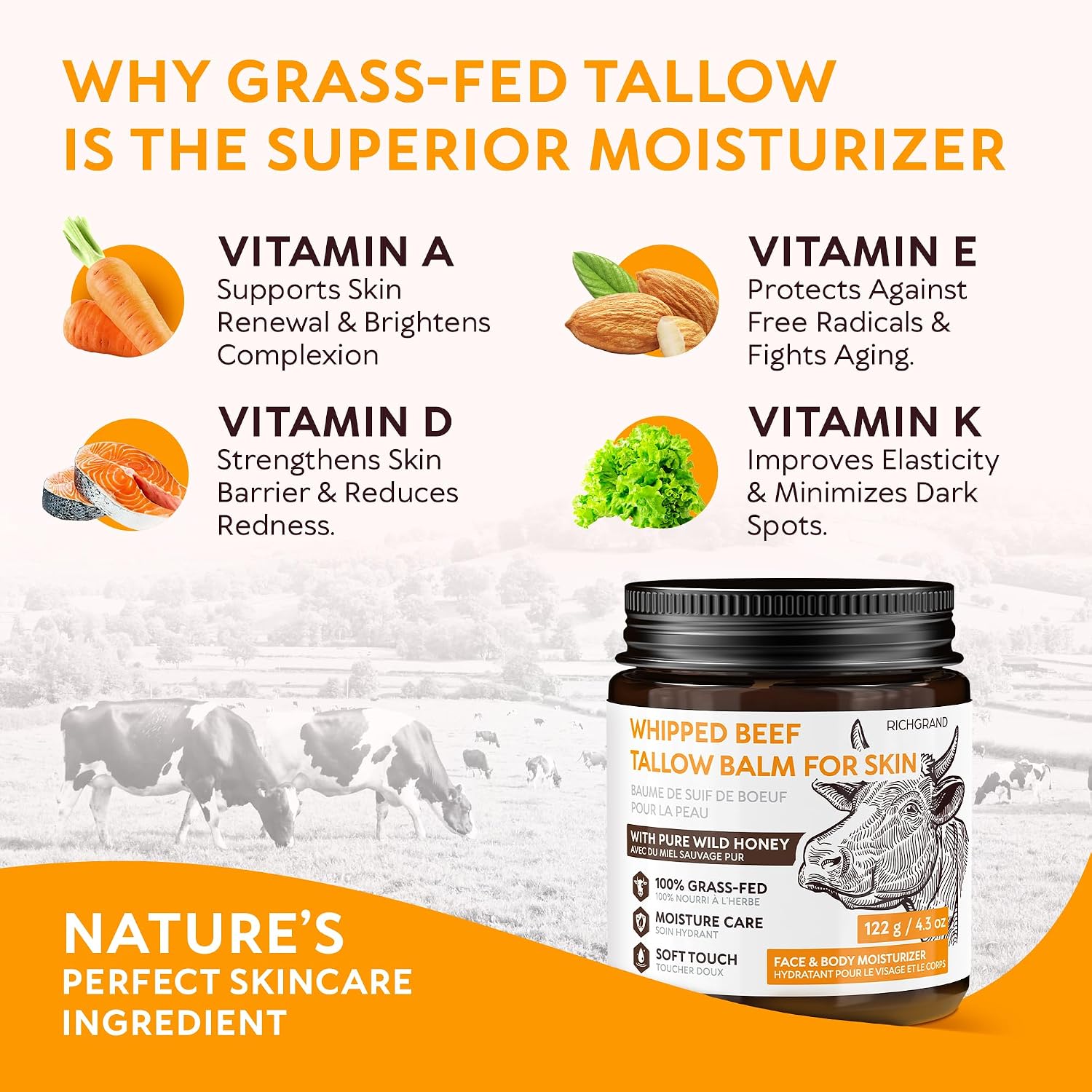 Detalle de RICHGRAND Beef Tallow Moisturizer Whipped Honey Balm for Face and Body