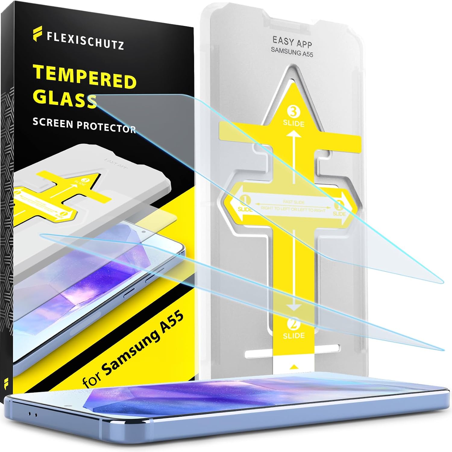 Detalle de FlexiSchutz® Schutzglas für Samsung Galaxy A55 5G – Display-Schutzfolie aus Glas mit Installationshilfe (2 Stück)
