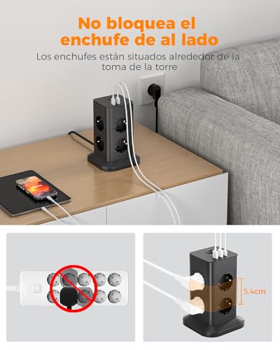 Thumbnail 5 de TESSAN Torre Regleta 8 Tomas con USB y Protección ⚡