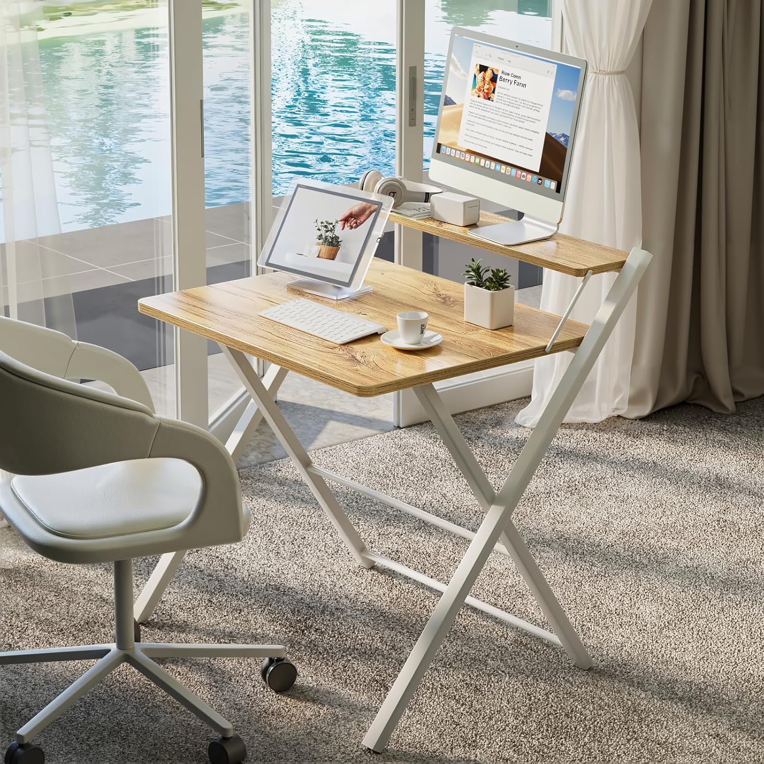 Thumbnail 1 de GreenForest Folding Desk (No Assembly Required) with Monitor Shelf, Oak – small space computer desk