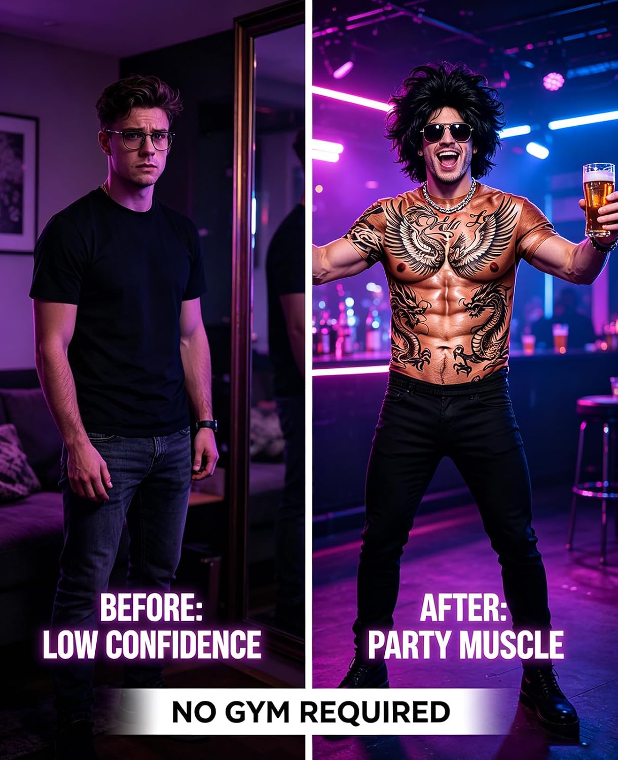 Detalle 2 de Kinberr Men's Short-Sleeve T-Shirt with 3D Fake Abs and Hairy Chest Print