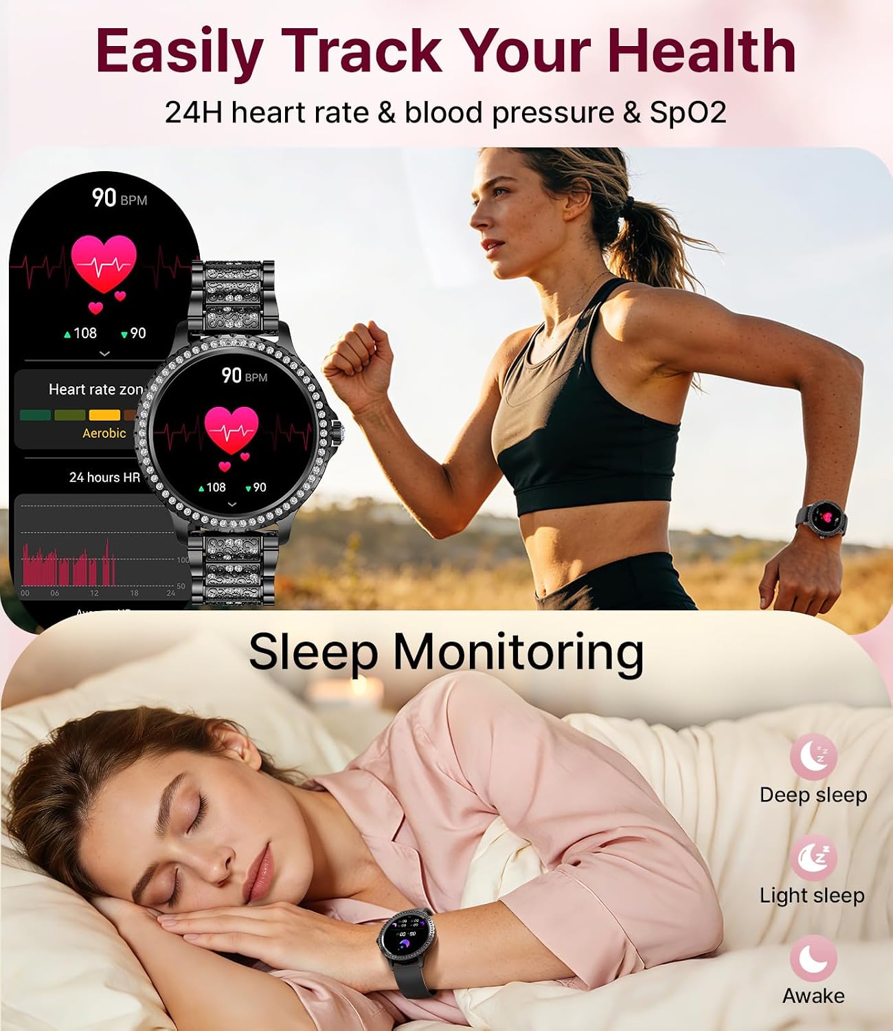 Detalle de LIGE Montre connectée femme avec double bracelet acier et silicone – écran 1,32'' Full Touch
