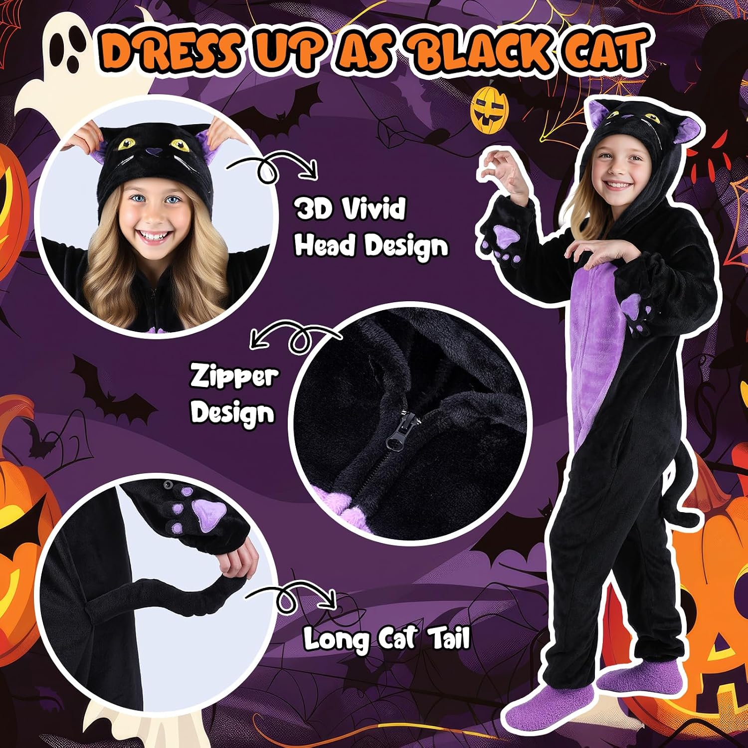Detalle 2 de Joycover Black Cat Costume for Girls, Purple Onesie with Hood, Tail and Candy Bag
