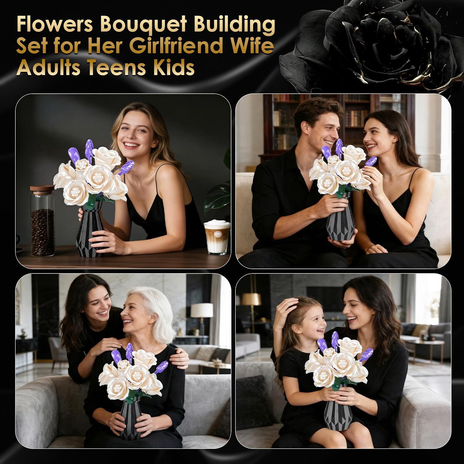 Thumbnail 6 de QYCHHJ White Roses Flower Bouquet Building Set with Vase – 256 Pcs