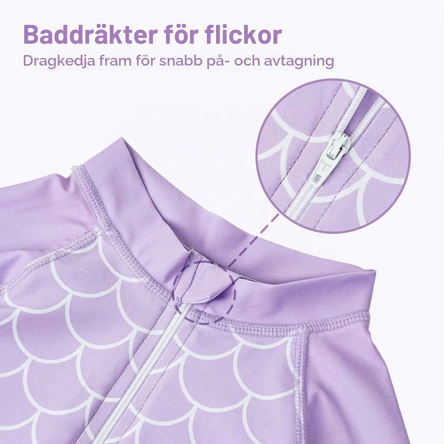 Detalle 2 de JiAmy baddräkt för flickor, UPF 50+, sjöjungfrumotiv och dragkedja, 4–9 år