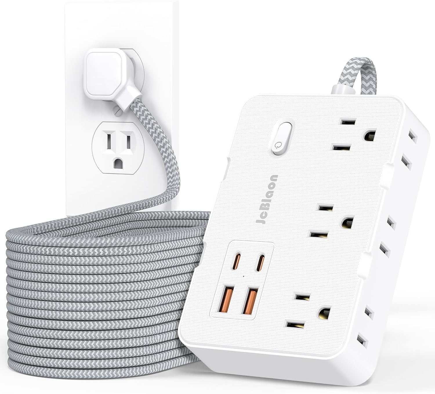 Detalle de JcBlaon 15 ft Power Strip with 6 AC Outlets, 4 USB Ports and 1050 J Surge Protection
