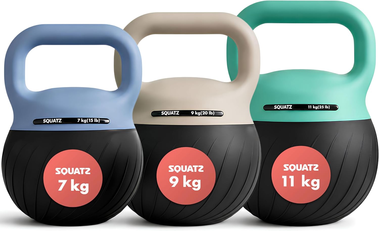 Detalle de SQUATZ SQKBSFT60BBT zachte kettlebellset met gedempte basis en brede grip