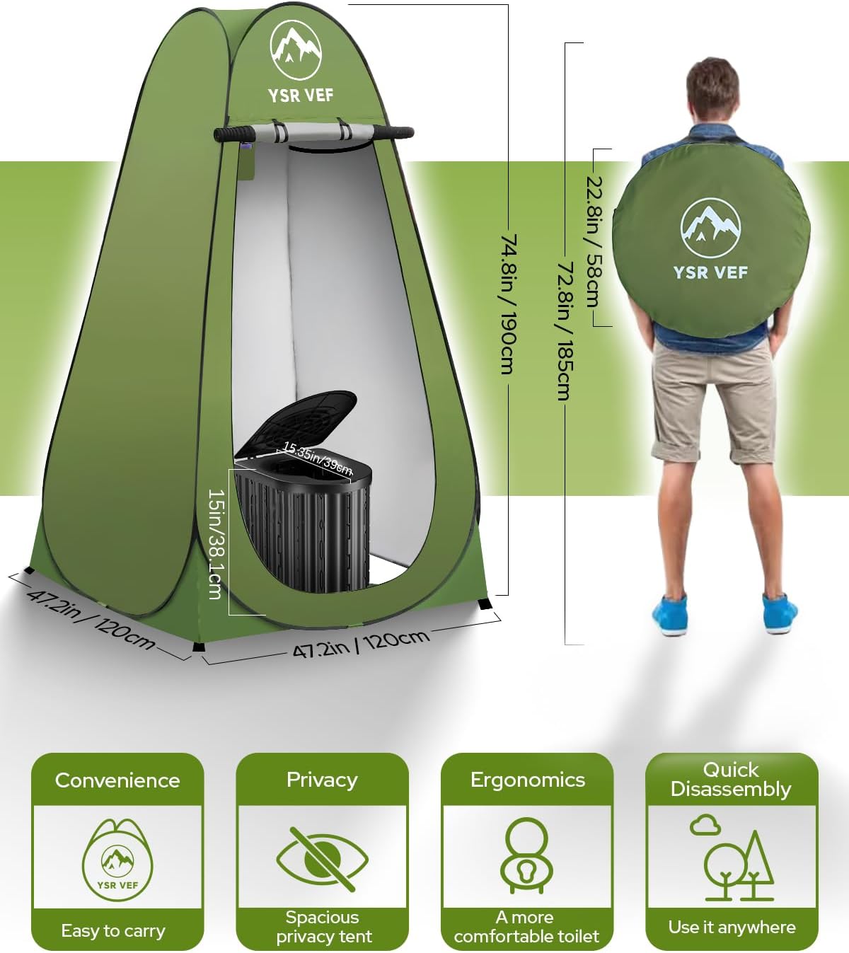 Detalle de YSR VEF Portable Camping Toilet Kit with Pop-Up Privacy Tent and Waste Gel