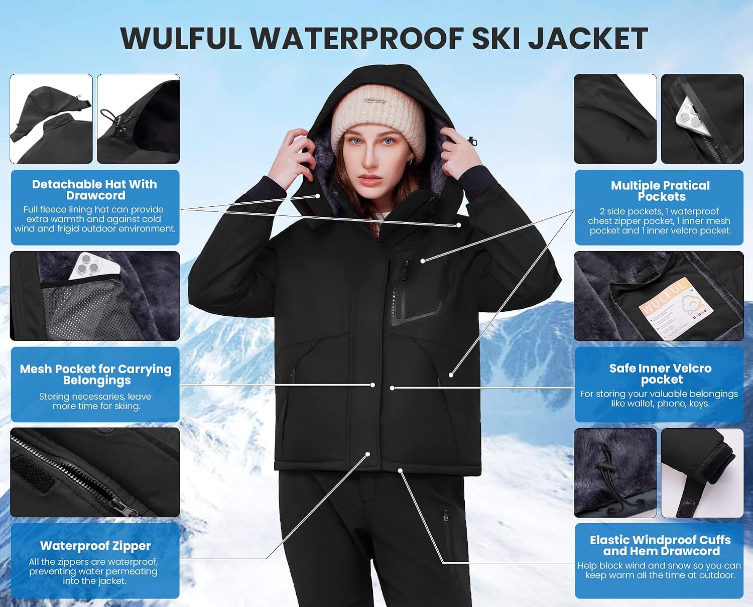 Thumbnail 4 de WULFUL Women's Waterproof Ski Jacket — Warm Hooded Coat