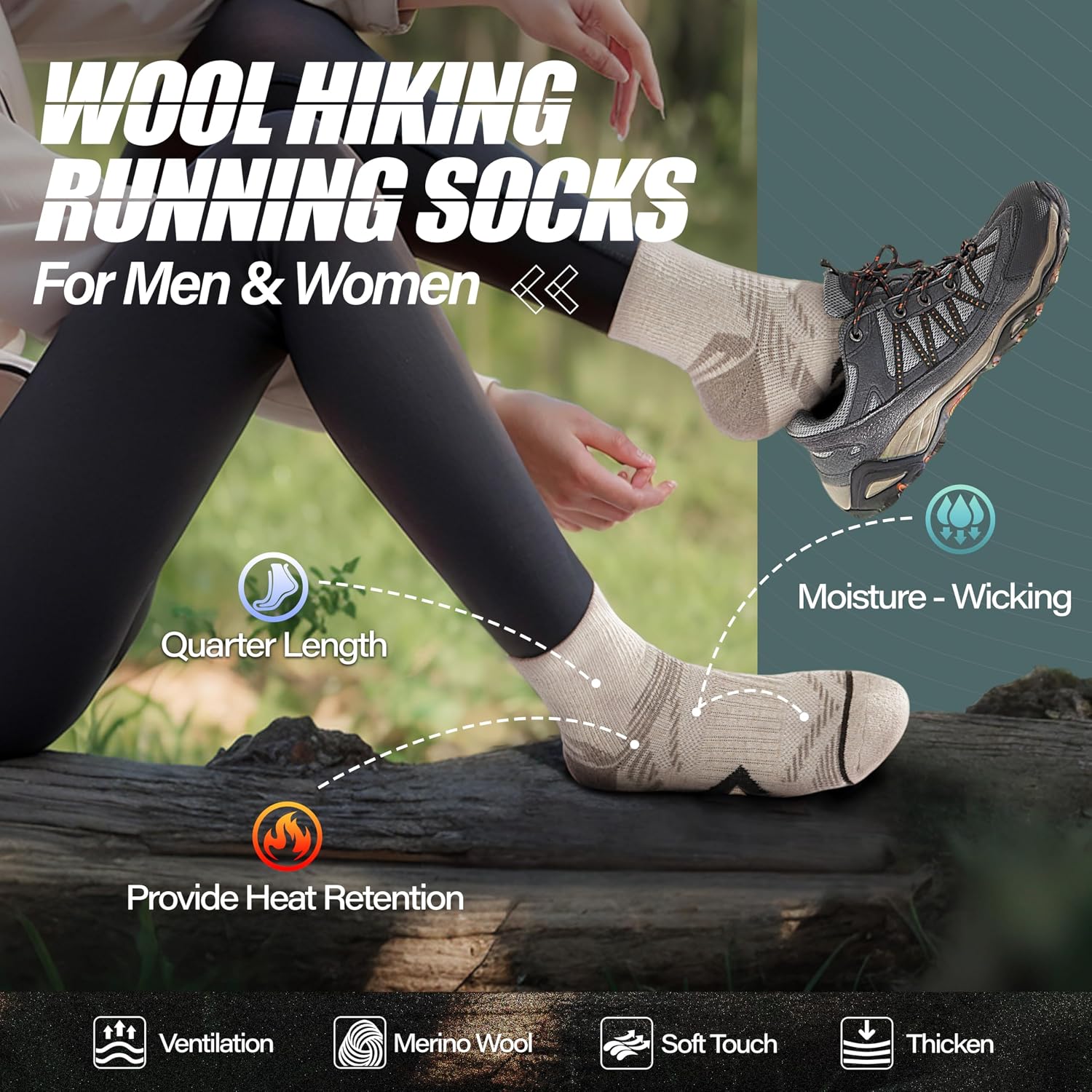 Detalle 2 de ANTSANG 6 Pairs Merino Wool Quarter Ankle Hiking Socks with Compression and Cushioning