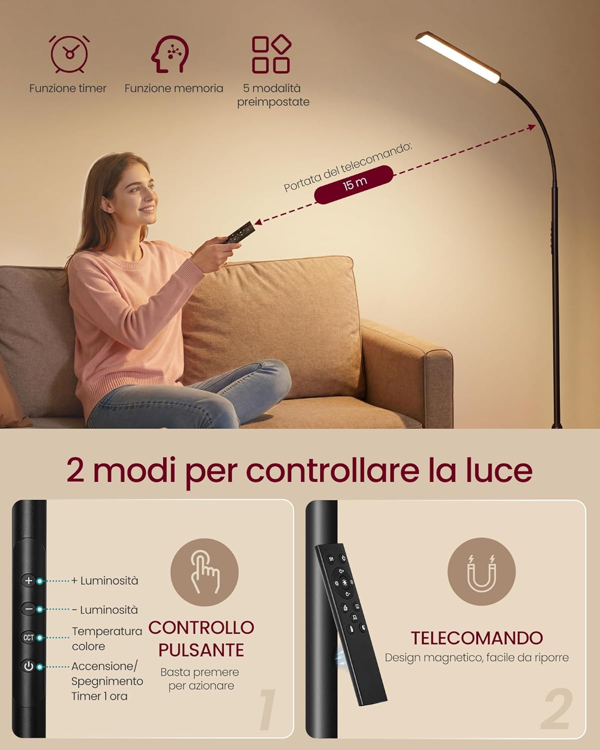 Thumbnail 5 de VASAGLE Lampada da Terra con altezza regolabile 141–175 cm, 15 W e testa flessibile 360° LFL007WC02