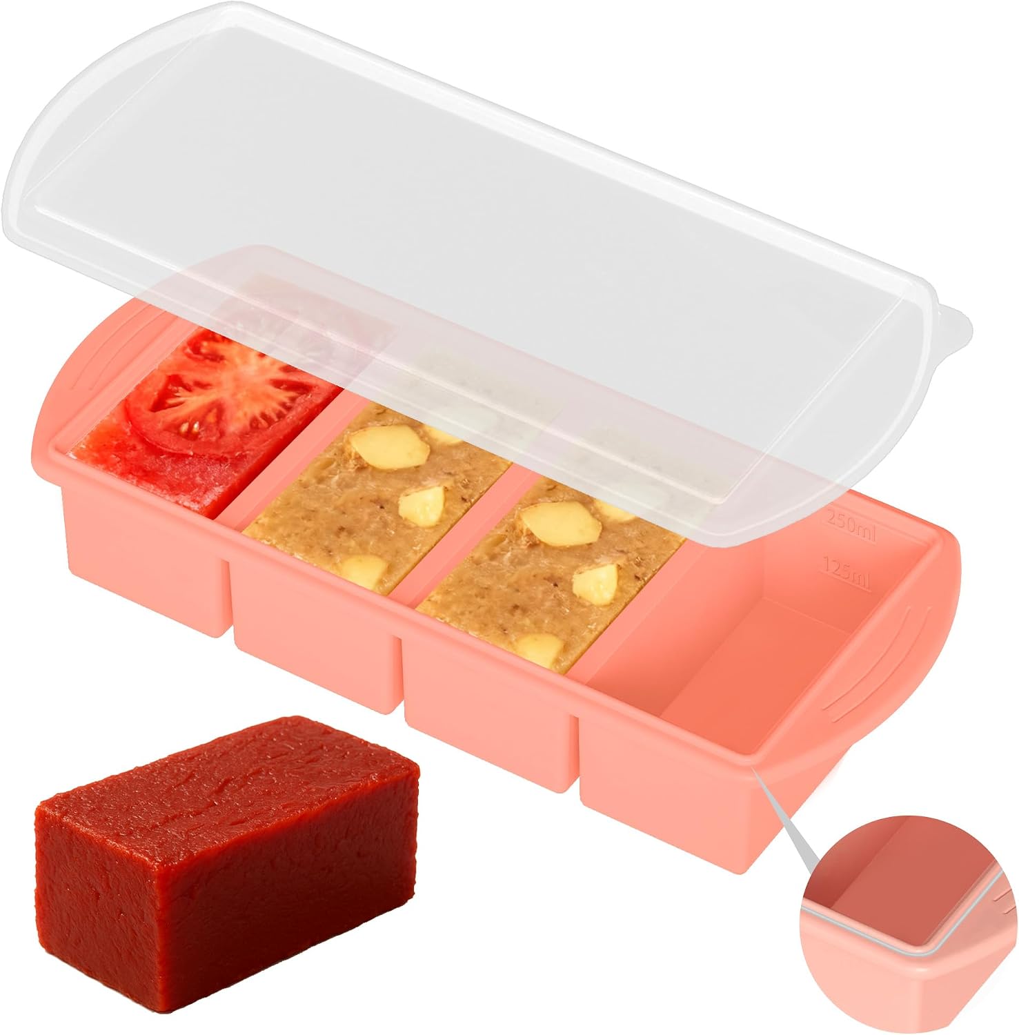 Detalle de QUELIEN siliconen vriesbakje 250 ml, roze, met deksel en maatstrepen