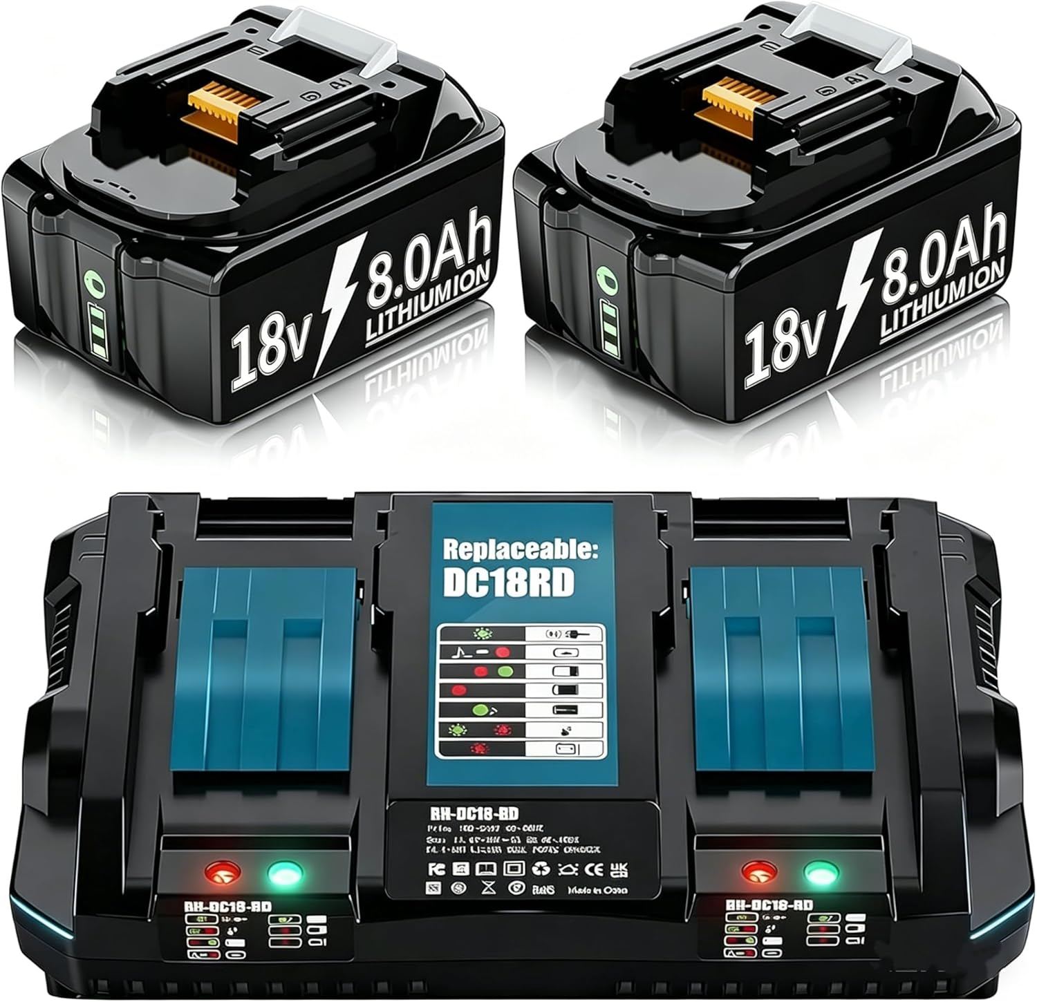 Detalle de 2 x 8,0Ah 18V Akku mit Ladegerät – Ersatzakku für Makita BL1830/BL1860 Serie