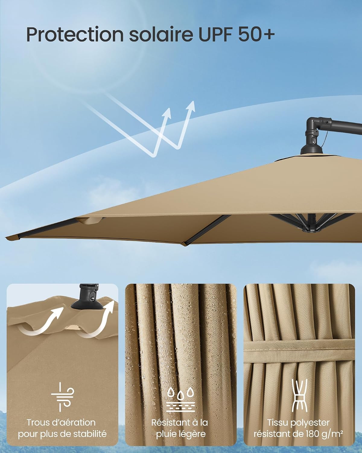 Detalle de SONGMICS Parasol Déporté avec Socle en Croix – 300 cm, UPF 50+, manivelle et base en X
