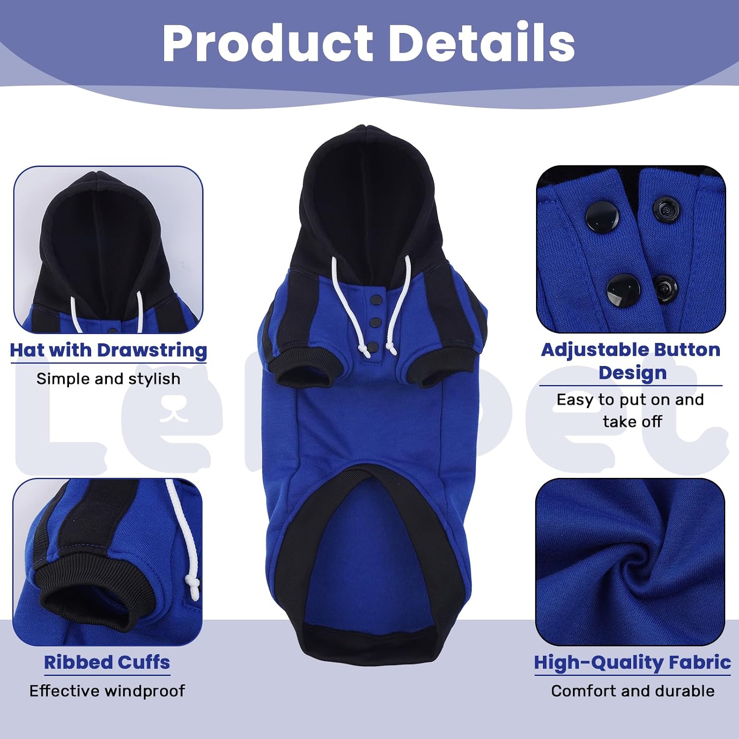Detalle 2 de LeLePet Dachshund Hoodie (Puppy Sweatshirt) in Blue, Cotton Fleece Dog Jumper with Lelepet Print