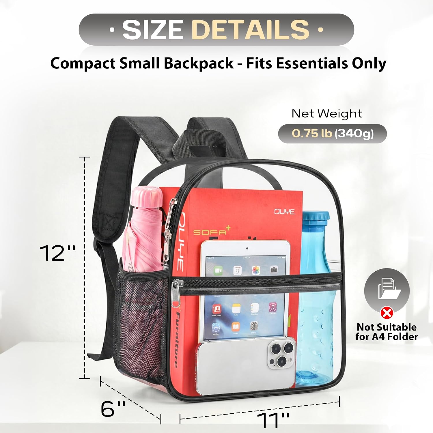 Thumbnail 2 de Oraben Clear Backpack Stadium Approved (12 x 6 x 11 in) — Small Transparent PVC Bag for Events & Travel