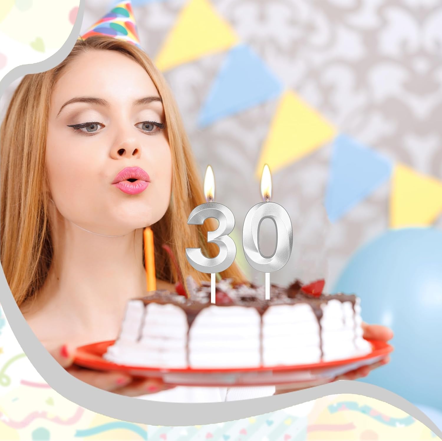 Detalle 2 de Yiran 3D Birthday Candles, Silvery Number 27th – 2-Piece 3D Topper Candle for Cakes