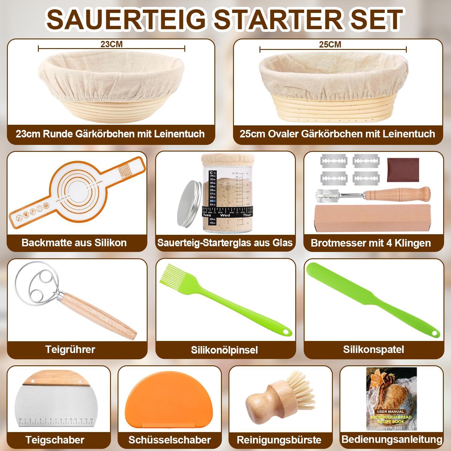Thumbnail 1 de HELISAN 21-teiliges Sauerteig Starter Set mit 2 Gärkörbchen (23 cm rund & 25 cm oval) und 900-ml Glasgefäß