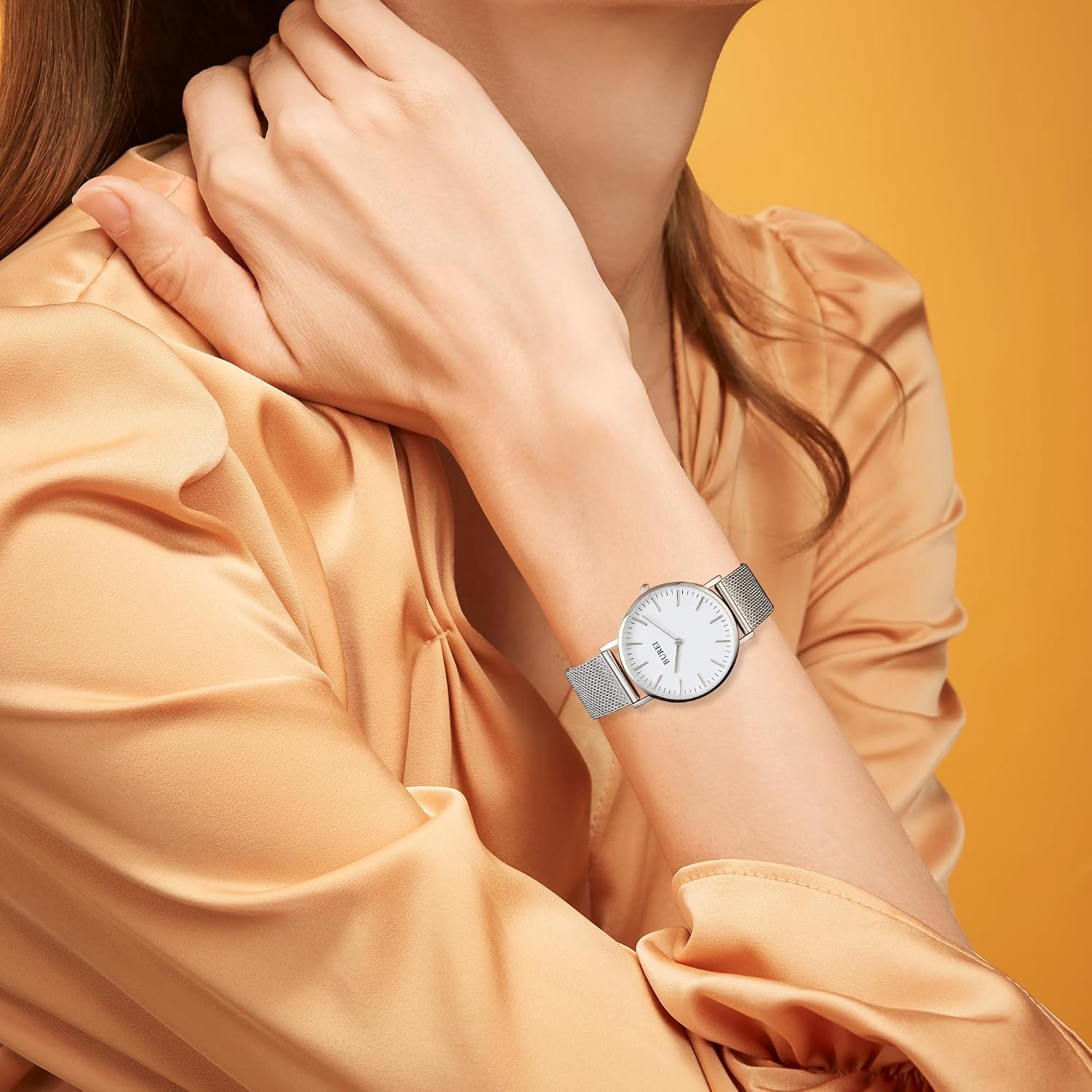 Thumbnail 6 de BUREI orologio ultra sottile Demen minimalista analogico al quarzo giapponese, bianco e oro con bracciale in maglia d’acciaio inox