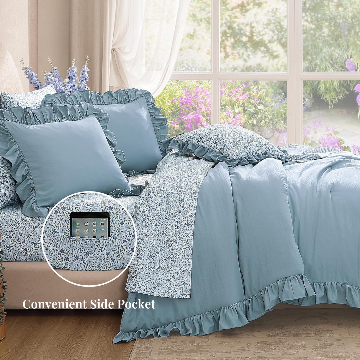 Thumbnail 3 de BLOOMHAVEN Queen Comforter Set – 7 Pieces in Ruffle Blue Floral, Ultra-Soft Microfiber