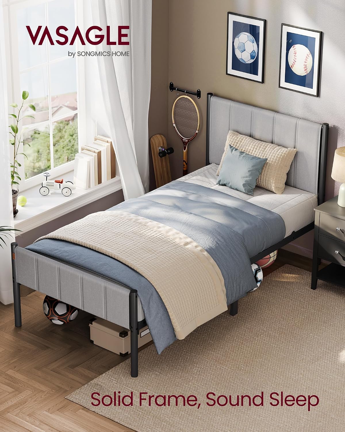 Thumbnail 3 de VASAGLE URMB983G01V1 Twin Bed Frame with Upholstered Headboard, Steel Slats