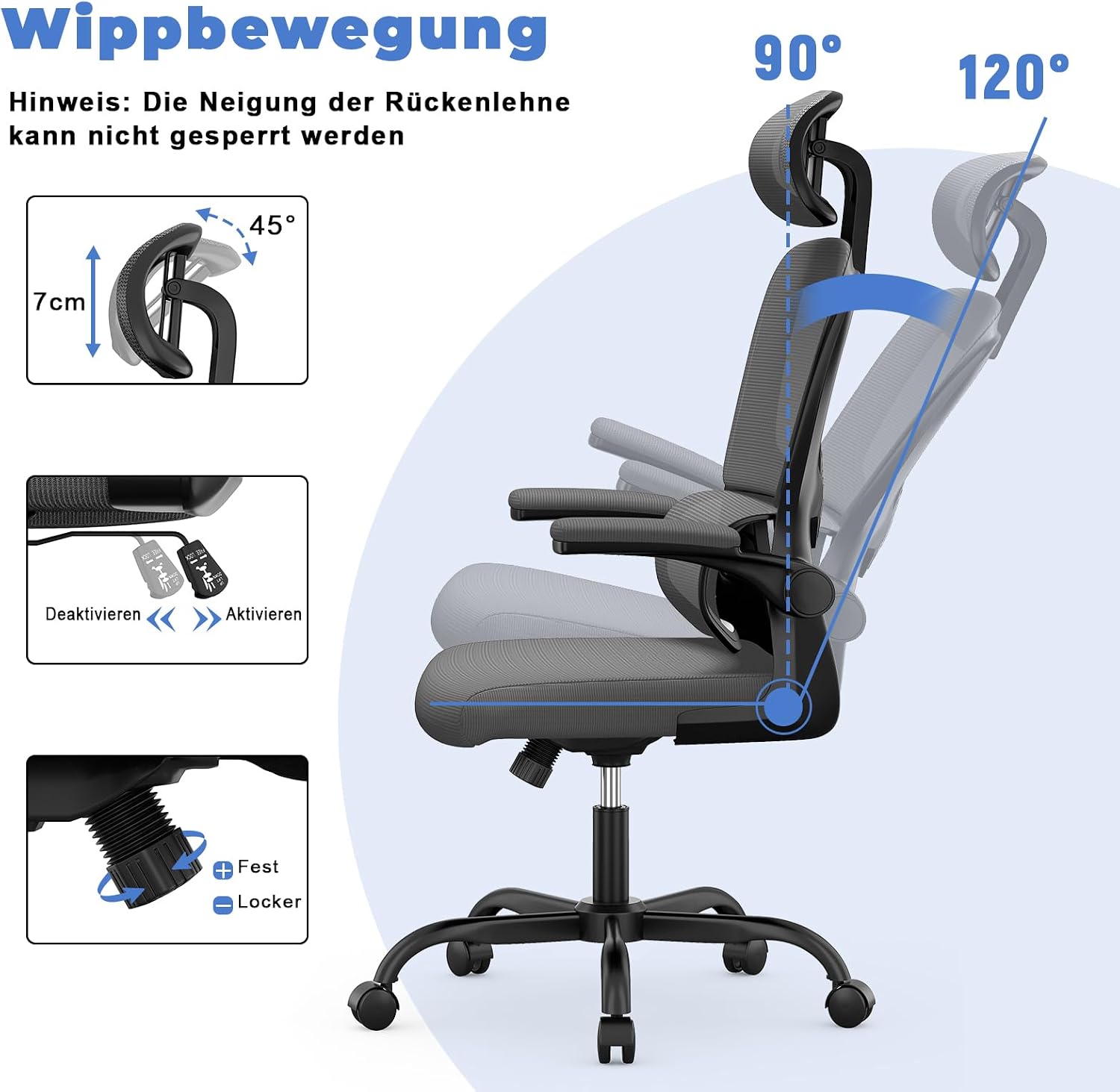 Thumbnail 4 de naspaluro Bürostuhl mit verstellbarer Kopfstütze, Lordosenstütze und Netzbezug (dunkelgrau)