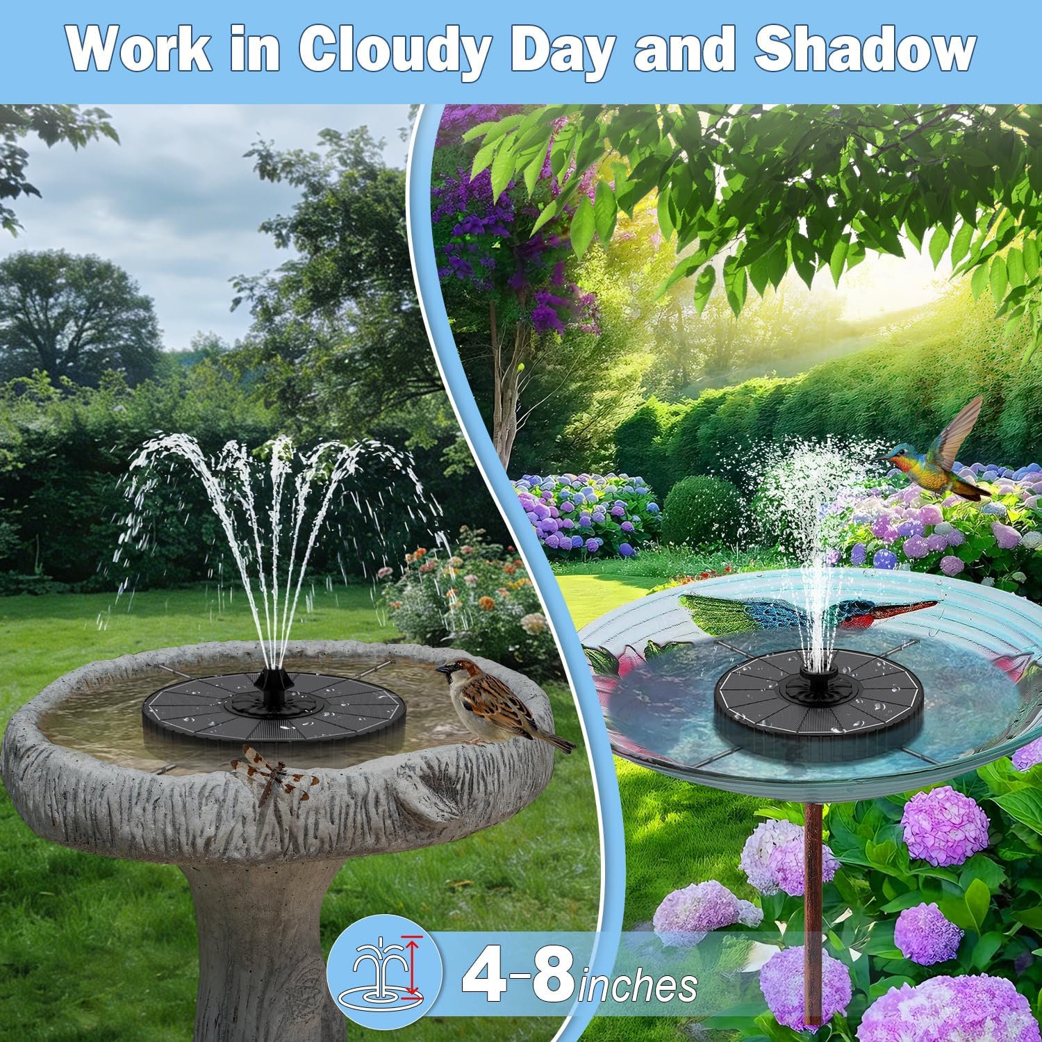Detalle 2 de Yzert Solar Fountain with Rotating Rods: 3-Level Adjustable Water Height for Bird Baths