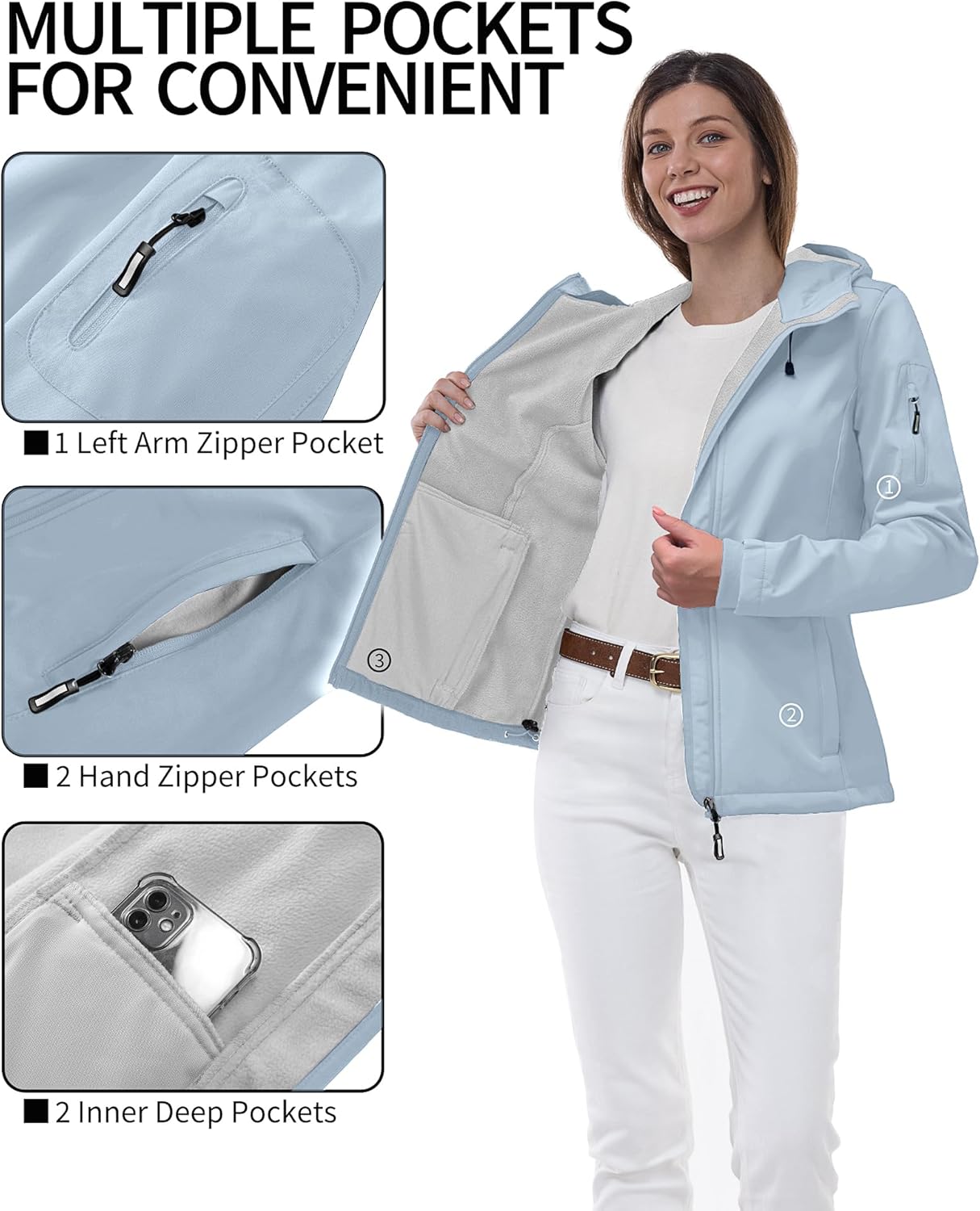 Detalle de Outdoor Ventures Damen Softshelljacke – wasserdichte, atmungsaktive Übergangsjacke mit Kapuze