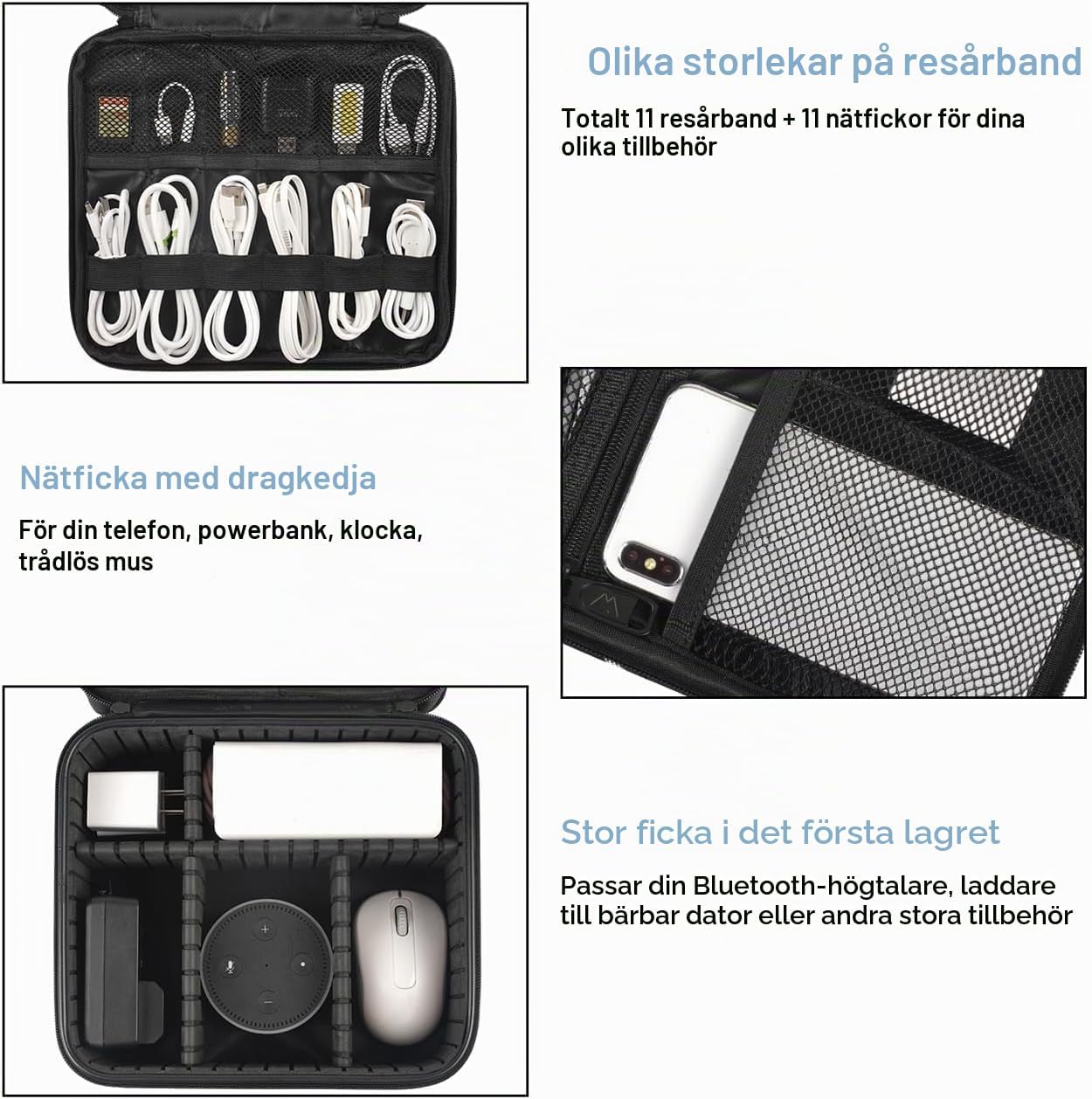 Detalle de MATEIN kabelorganiseringsväska med dubbla lager och justerbara avdelare