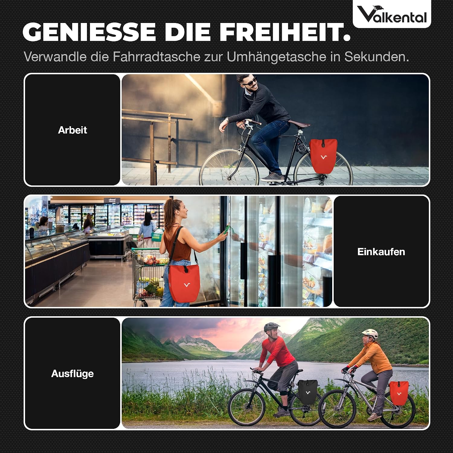 Detalle de Valkental® ValkBasic große, wasserdichte Gepäckträgertasche (abschließbar) mit Reflektoren