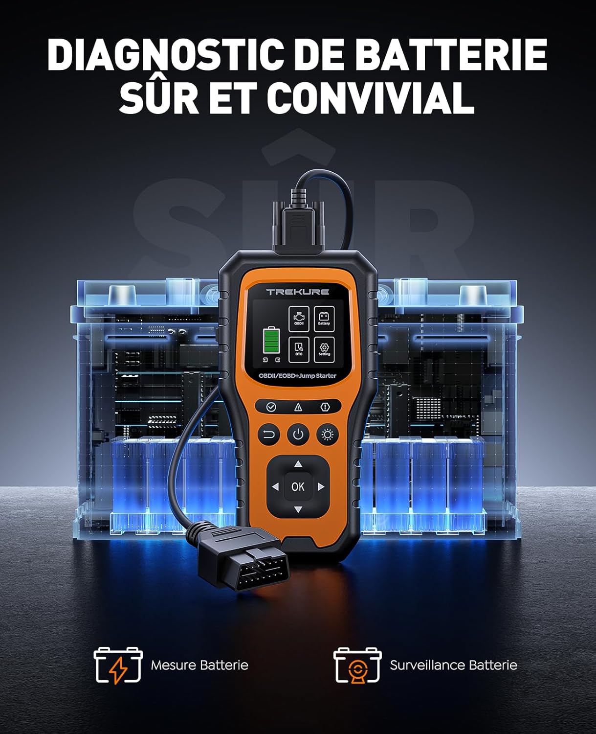 Detalle de Booster Batterie Voiture avec OBD2 Diagnostic TK40 — Démarreur 7000A et Diagnostic OBD2