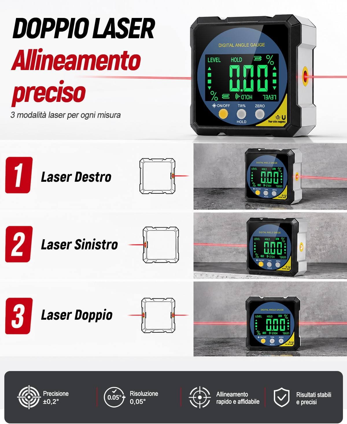 Detalle 2 de Lytool Inclinometro Digitale con Doppio Fascio Laser e 4 Lati Magnetici: precisione 0,2° e IP54