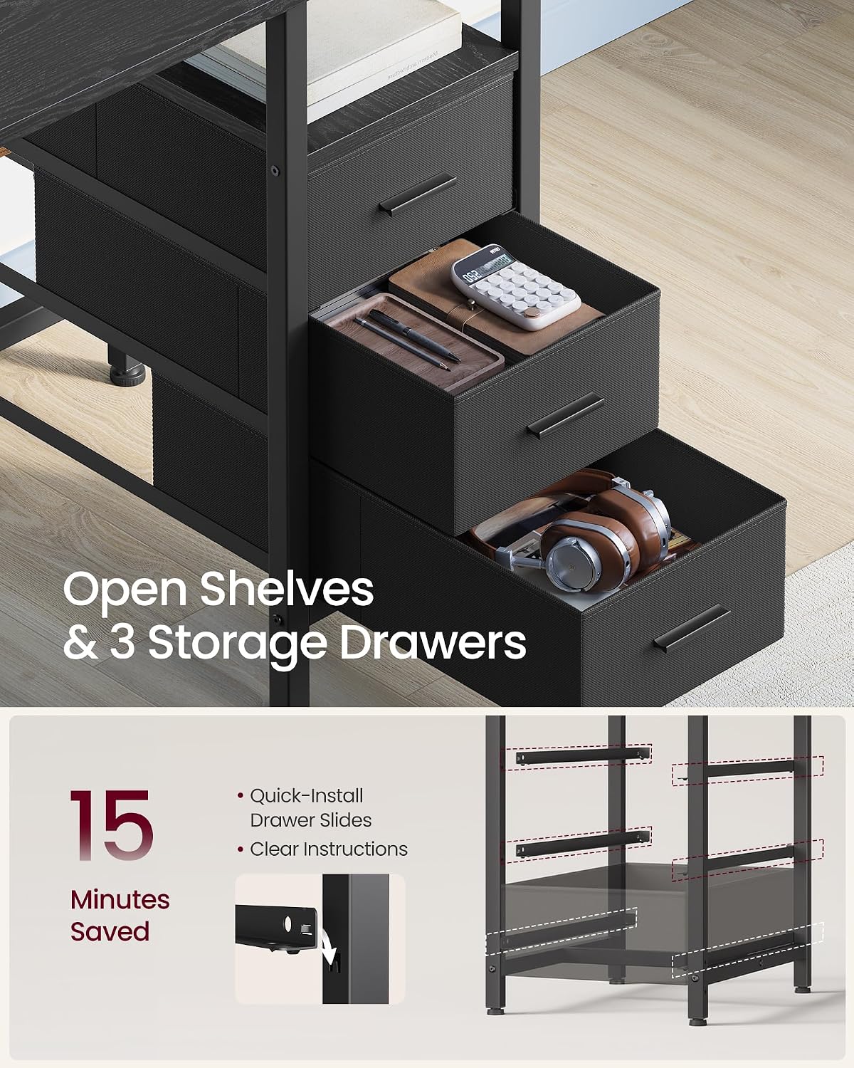Detalle 1 de VASAGLE ULWD184B101S L-Shaped Desk with Drawers, Shelves, and Power Ports