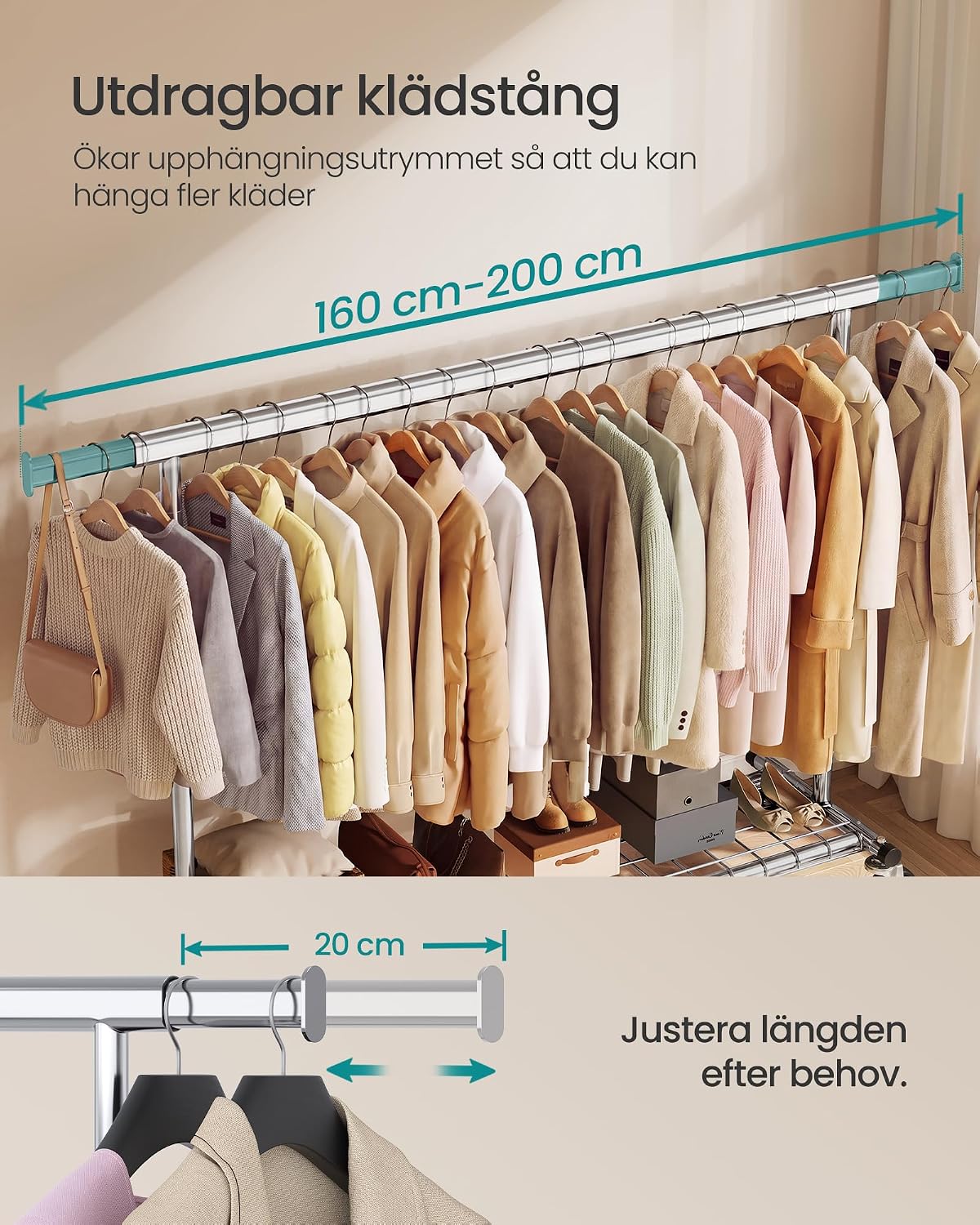 Detalle de SONGMICS Pataye HSR178E101 klädställning, utdragbar med hylla och hjul