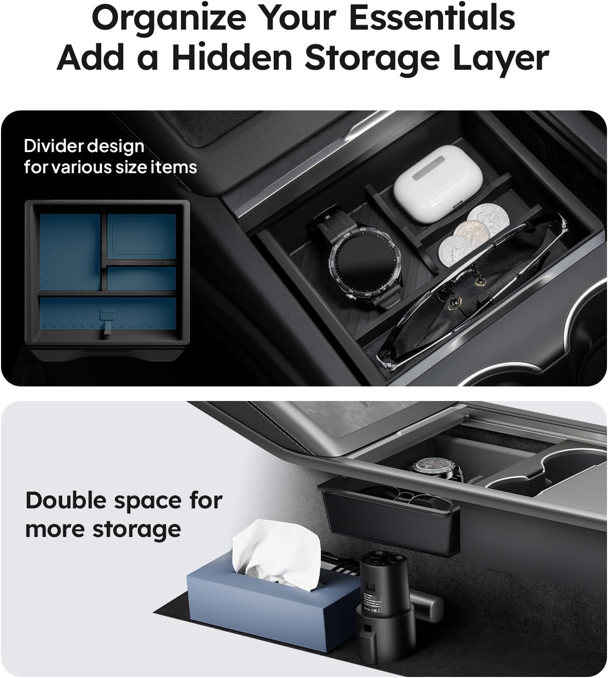 Thumbnail 2 de Wigoo Centre Console Organizer for Tesla Model Y Juniper & Model 3 Highland (2024-2026) – Double-Layer, 4pcs, Black