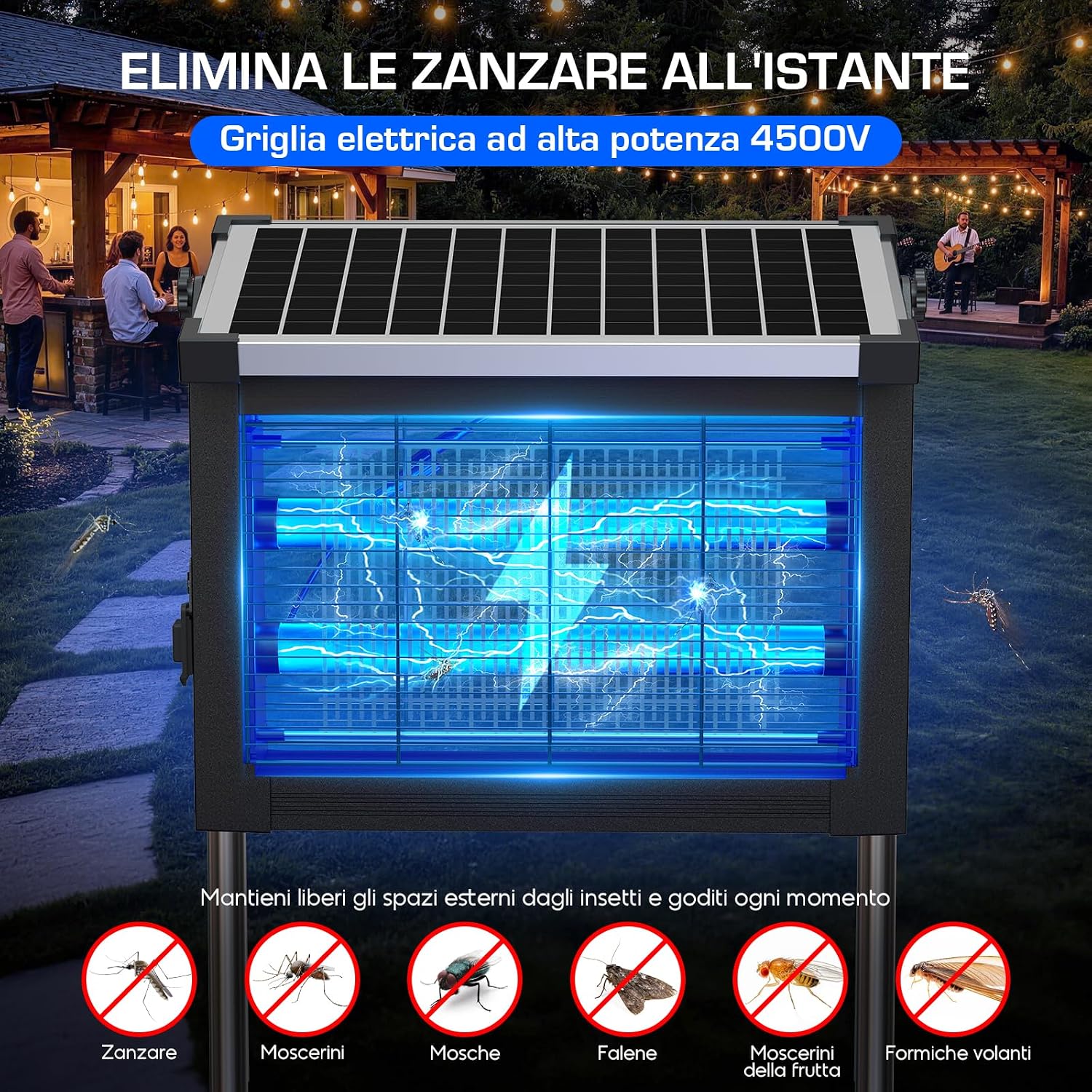 Detalle de Dnenellr Lampada Antizanzare Solare da Esterno IPX5 Nero con Pannello Regolabile, 4000mAh, USB-C e Controllo Crepuscolare