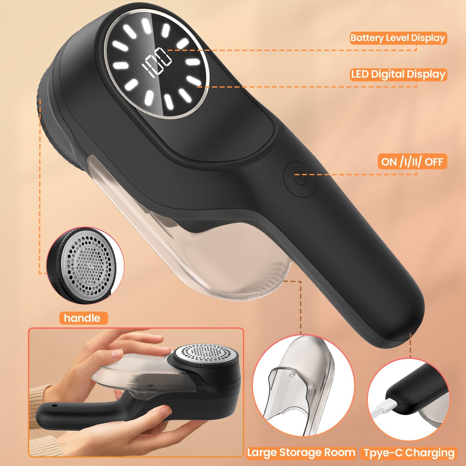 Thumbnail 4 de PKBD Large Rechargeable Lint Remover with 3 Extra Blades (Black) – LED Display, Large Storage, and Replaceable Heads