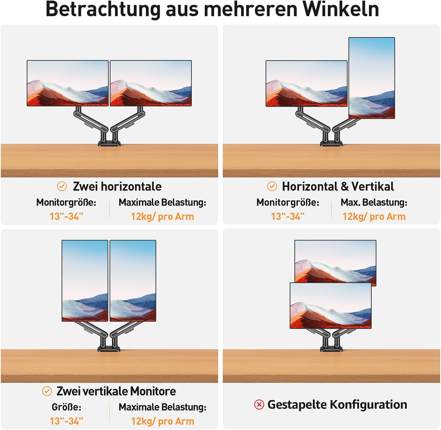 Detalle 2 de ELIVED EV3236B-G Monitor-Halterung für 2 Monitore (17–34 Zoll) mit VESA 75/100 mm, höhenverstellbar, drehbar, grau