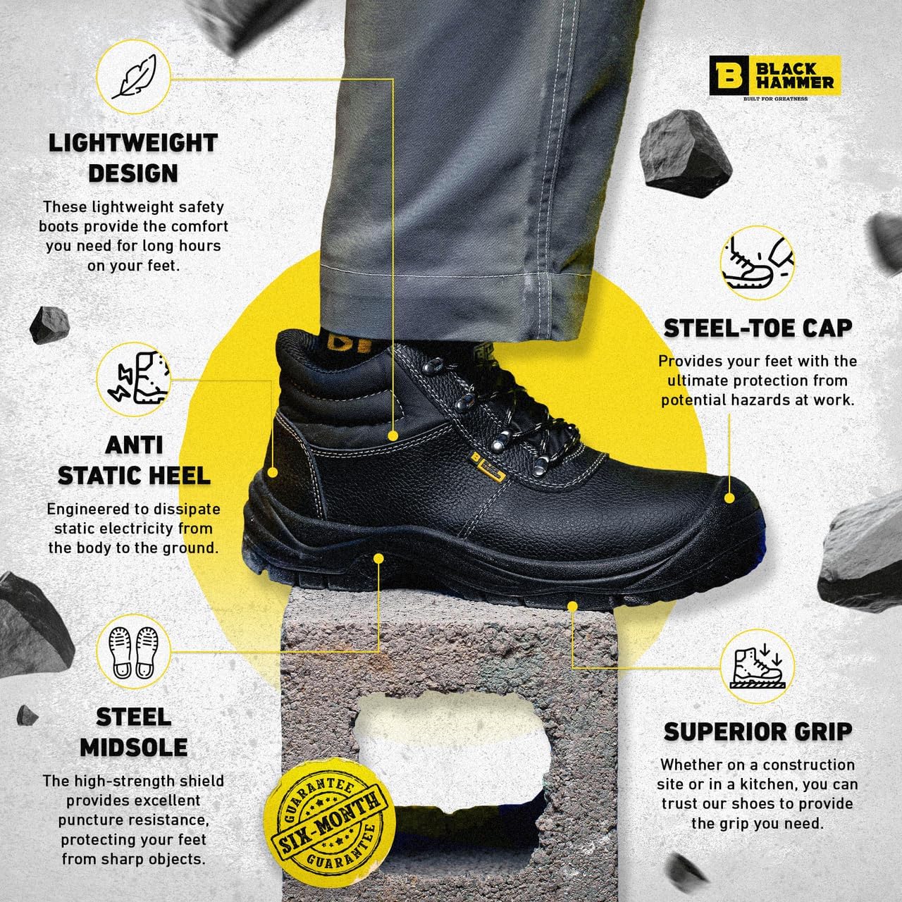 Detalle de BLACK HAMMER Sicherheitsstiefel Herren – Leder, Stahlkappe, S3 SRC, Schwarz