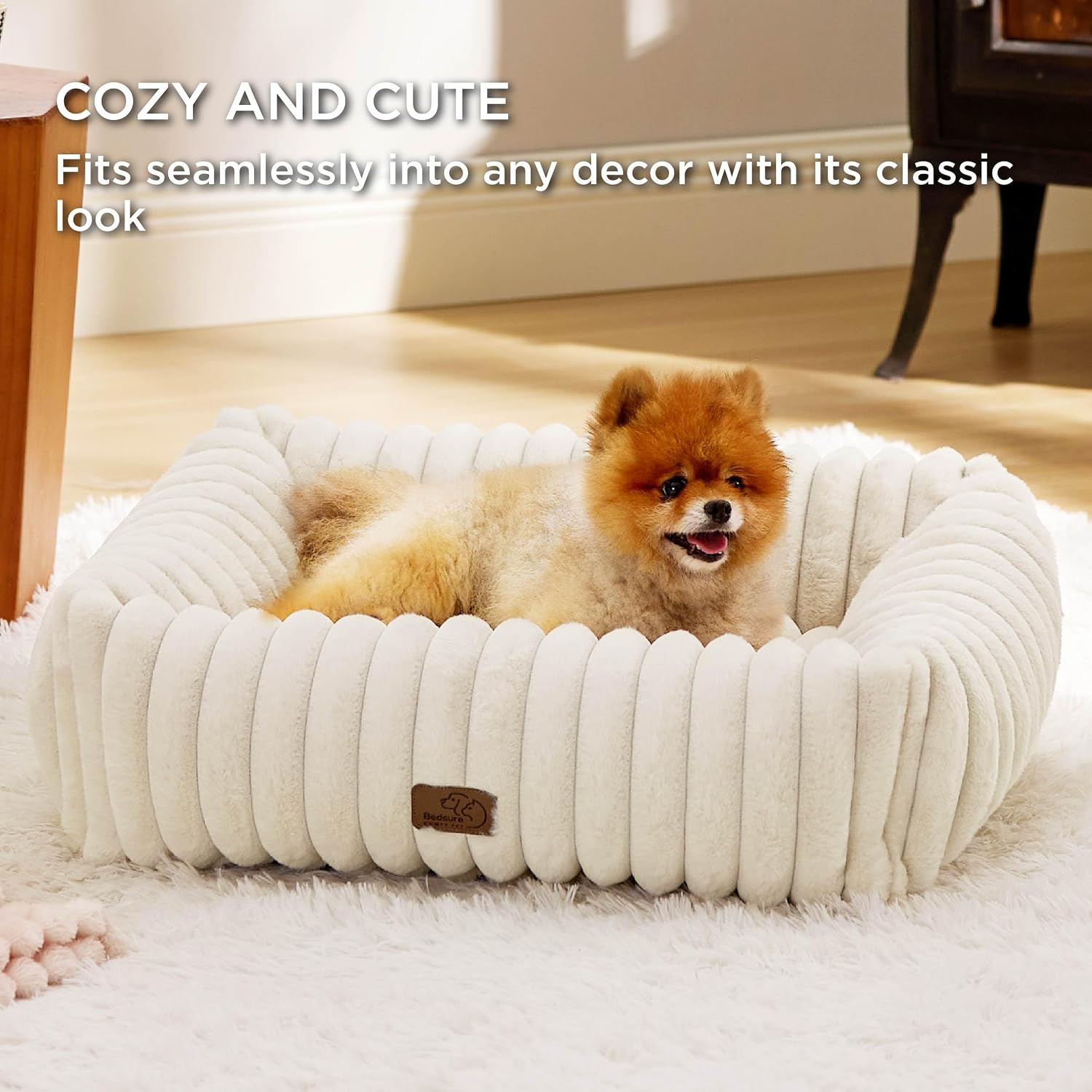 Detalle 1 de Bedsure ComfyFleece® 36-Inch Dog Bed, Cream, Washable Cover, Non-Slip Base