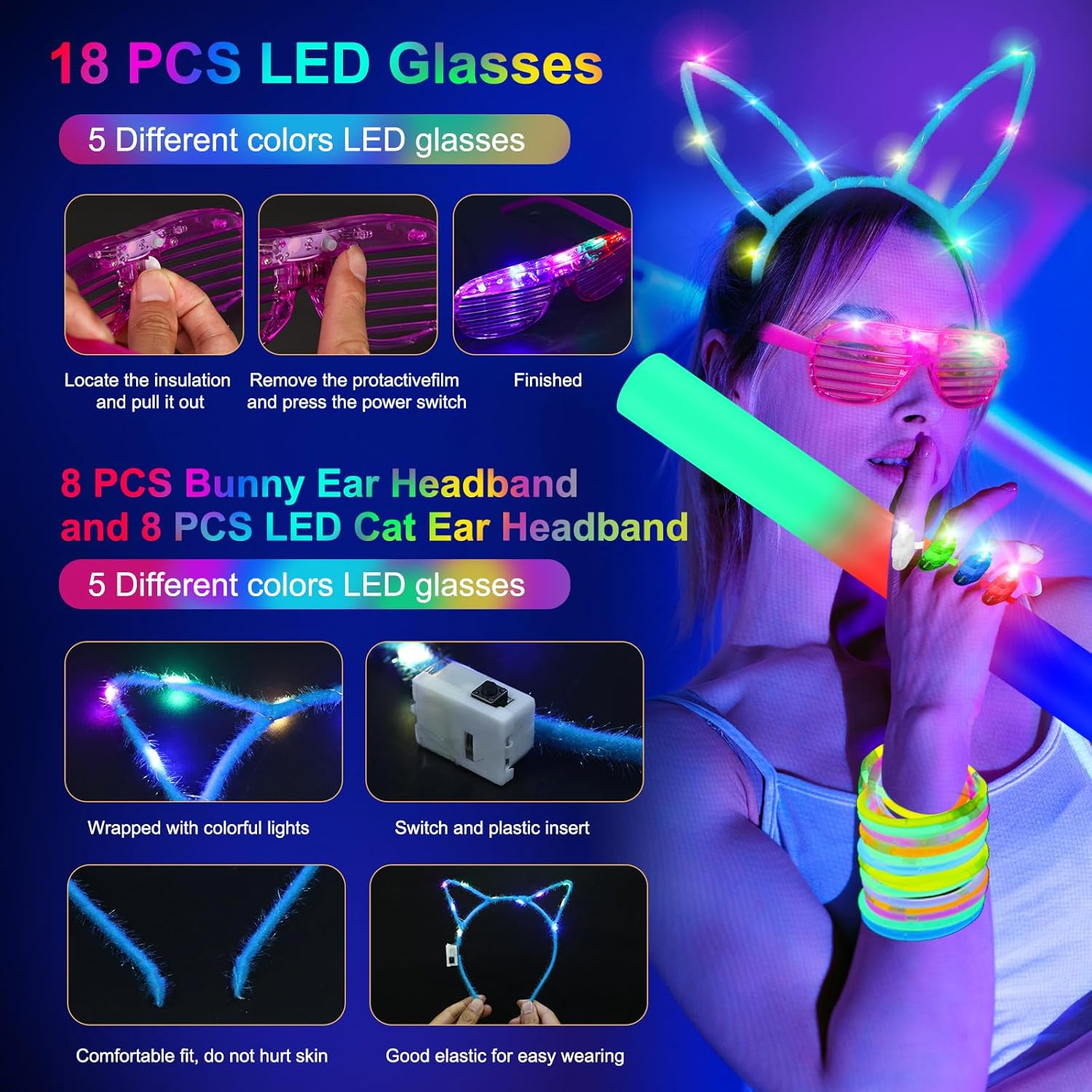 Thumbnail 5 de OLUPP 282-Piece Glow in the Dark Party Supplies Kit (Foam Sticks, LED Glasses, Finger Lights, Bunny & Cat Ears)