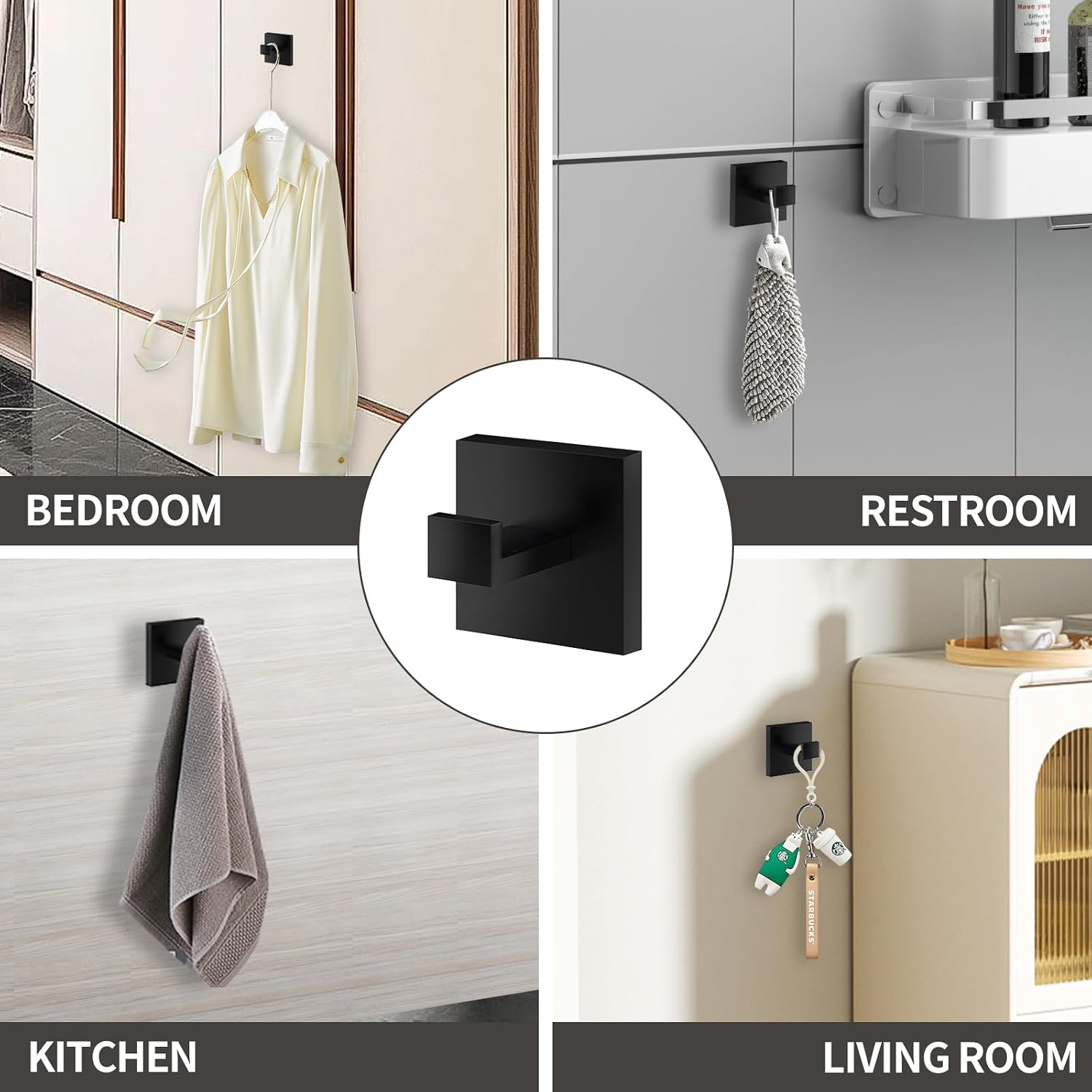 Thumbnail 6 de Menbyci FGHS04 4-Pack Square Matte Black SUS304 Stainless Steel Towel Hooks
