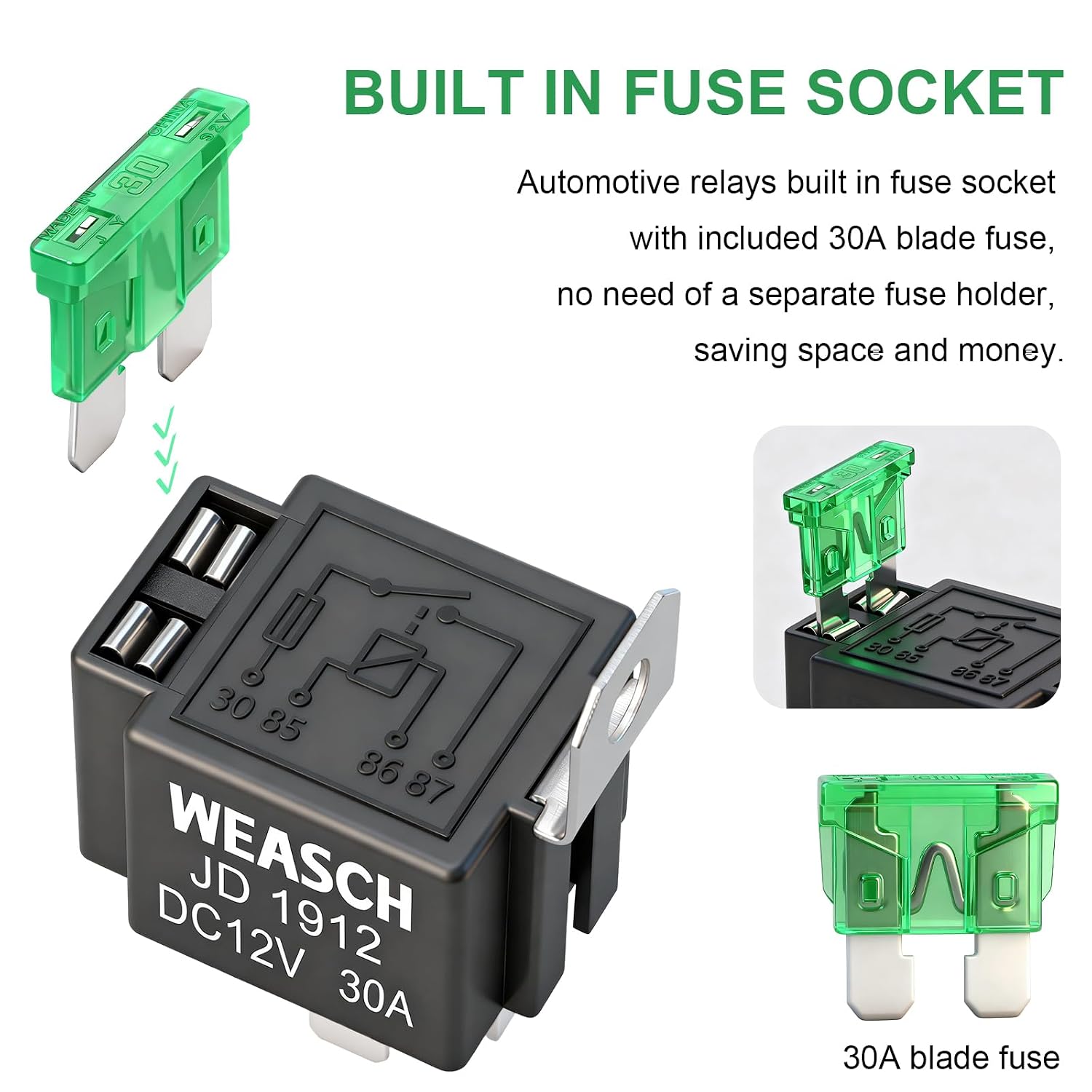 Detalle de Weasch ヒューズリレースイッチキット 12V 30A 4ピンSPST、14AWGハーネス・30Aヒューズ付き