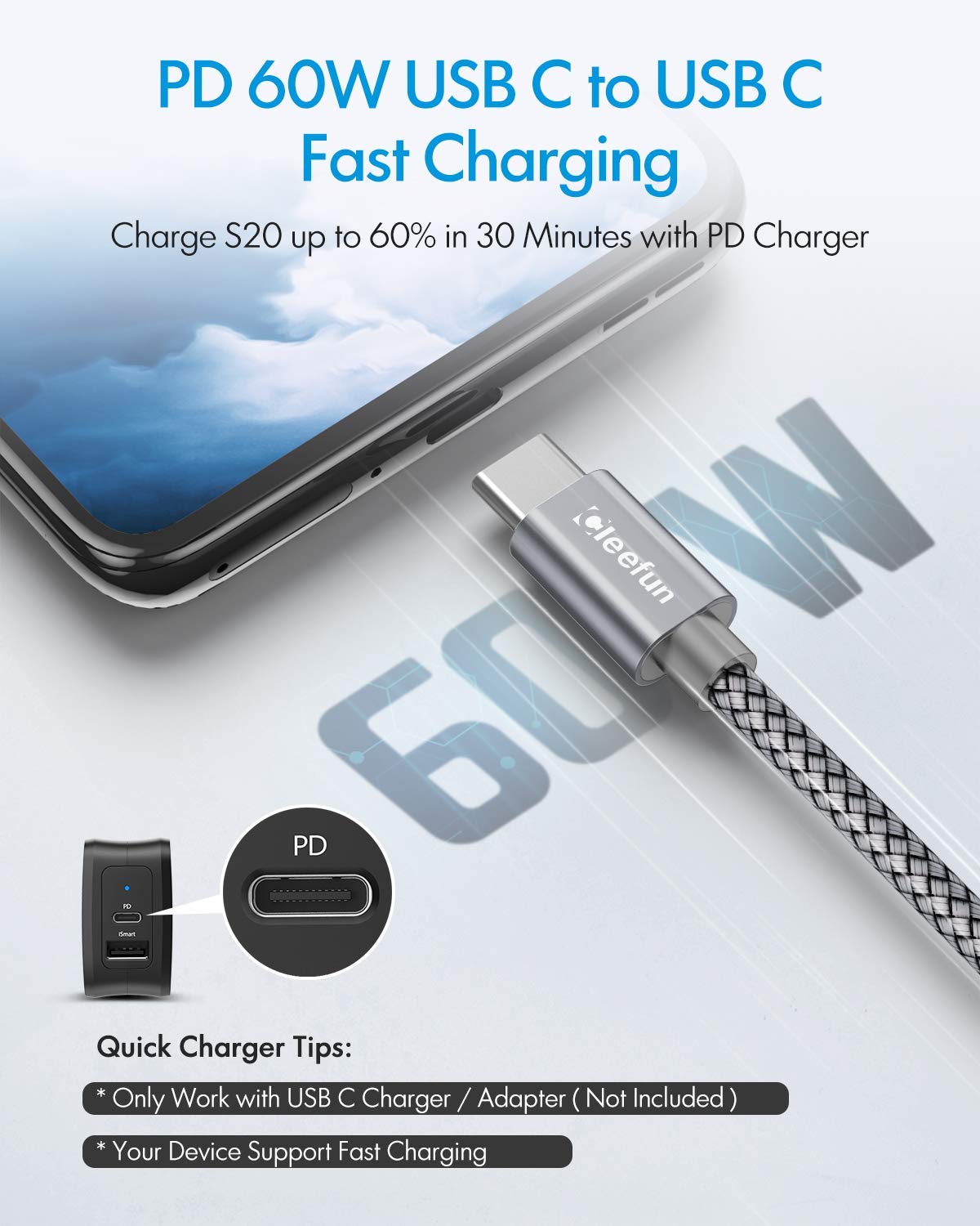 Thumbnail 2 de CLEEFUN Extra Long USB C to USB C Cable 8M/26ft – 60W PD Fast Charging
